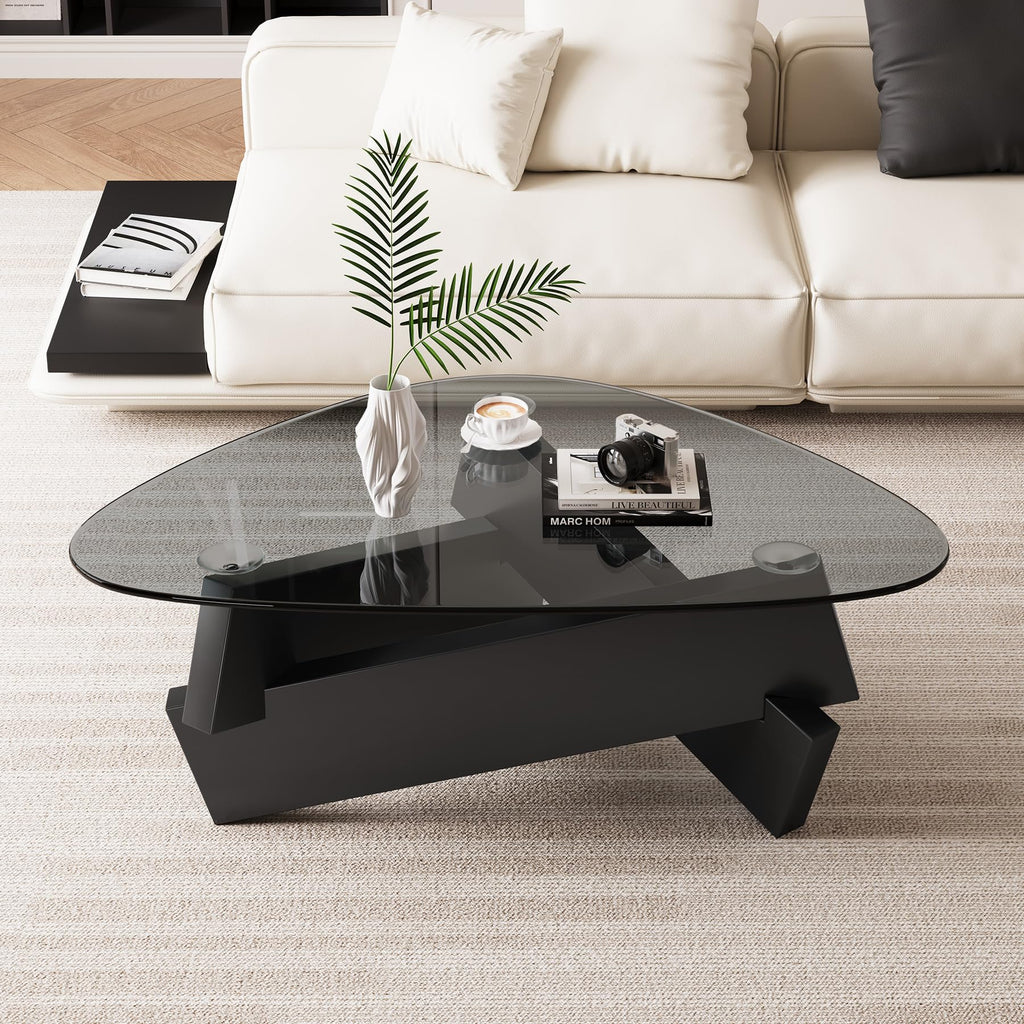 Walnut Triangle Coffee Table 35.5'' x 27.5'' x 15.7'' Modern Mid Century Glass Coffee Table Rustic Brown Solid Wood Center Table Funky Retro Vintage Tea Table for Living Room & Small Space