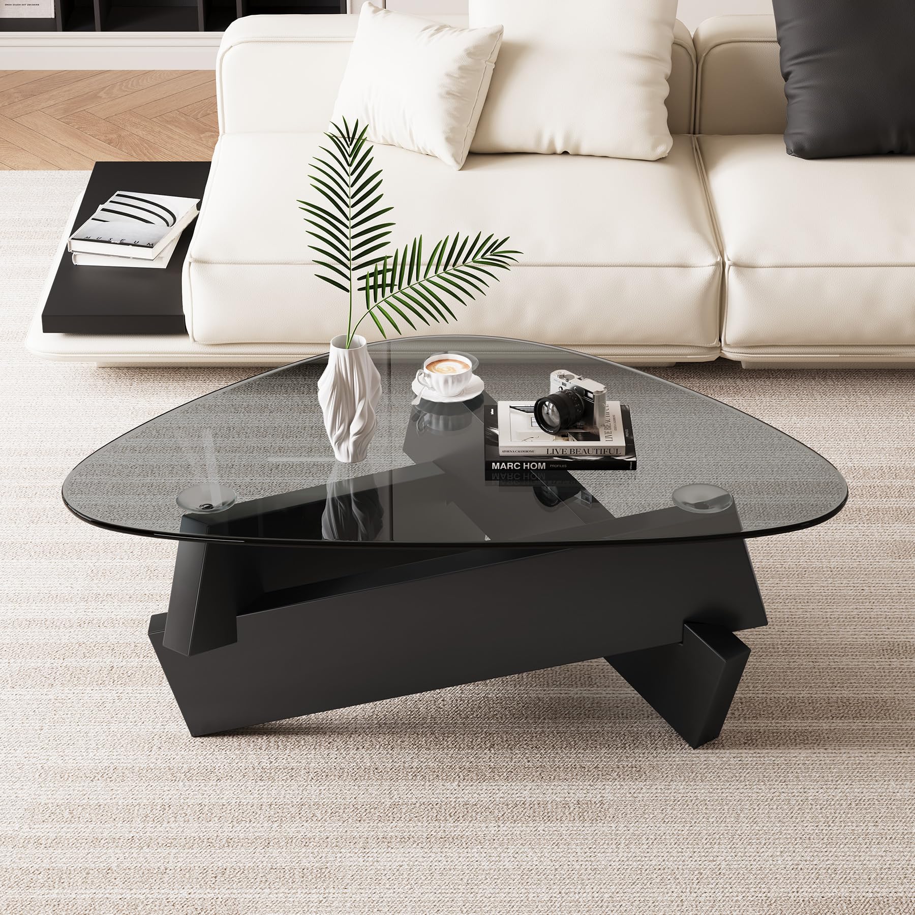 Walnut Triangle Coffee Table 35.5'' x 27.5'' x 15.7'' Modern Mid Century Glass Coffee Table Rustic Brown Solid Wood Center Table Funky Retro Vintage Tea Table for Living Room & Small Space