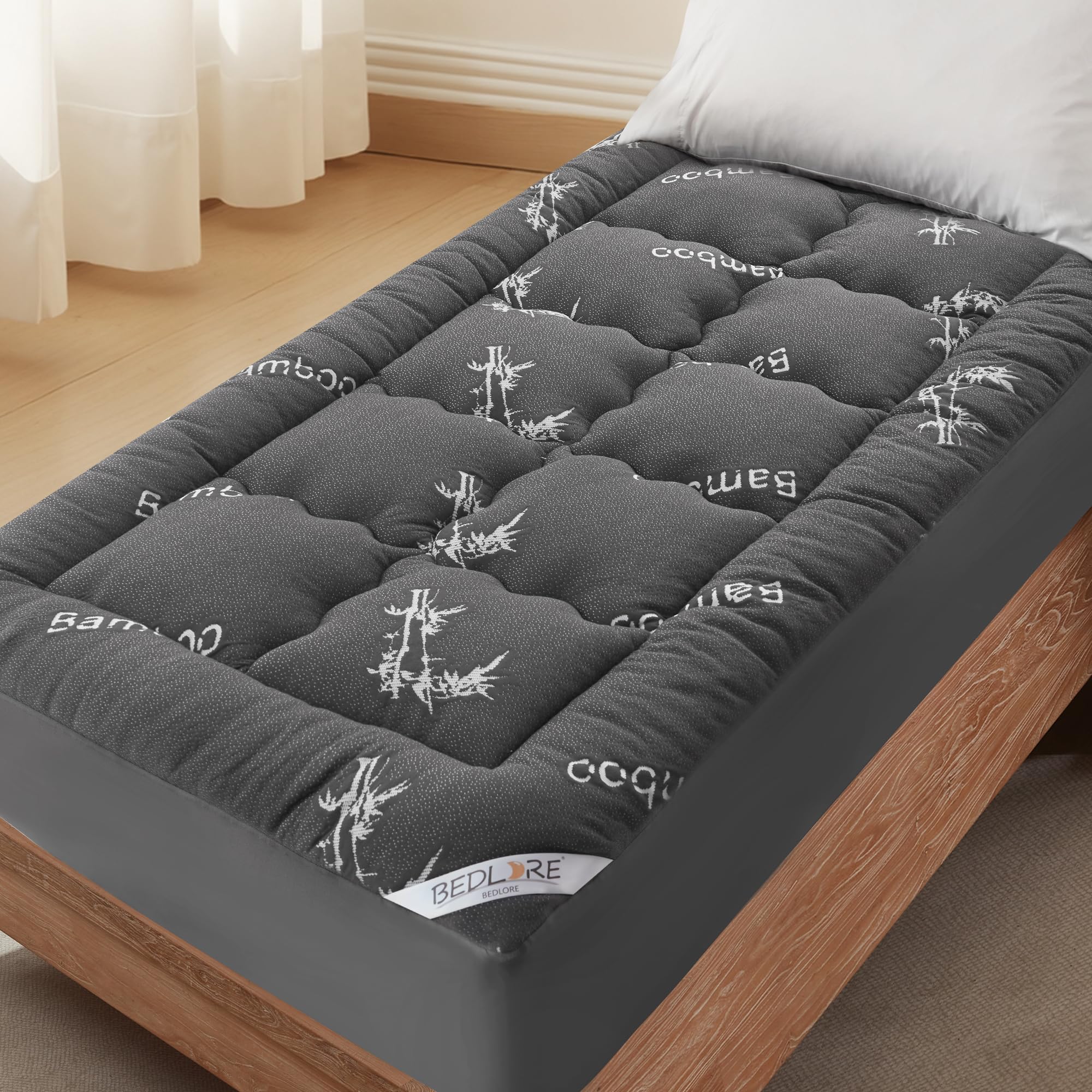 BEDLORE Queen Mattress Topper Viscose Derived from Bamboo, Thick Pillow Top Mattress Pad with Stretchable Pockets for 6-18 inches Mattress, Soft Mattress Topper for Back Pain Relief(Dark Gray)