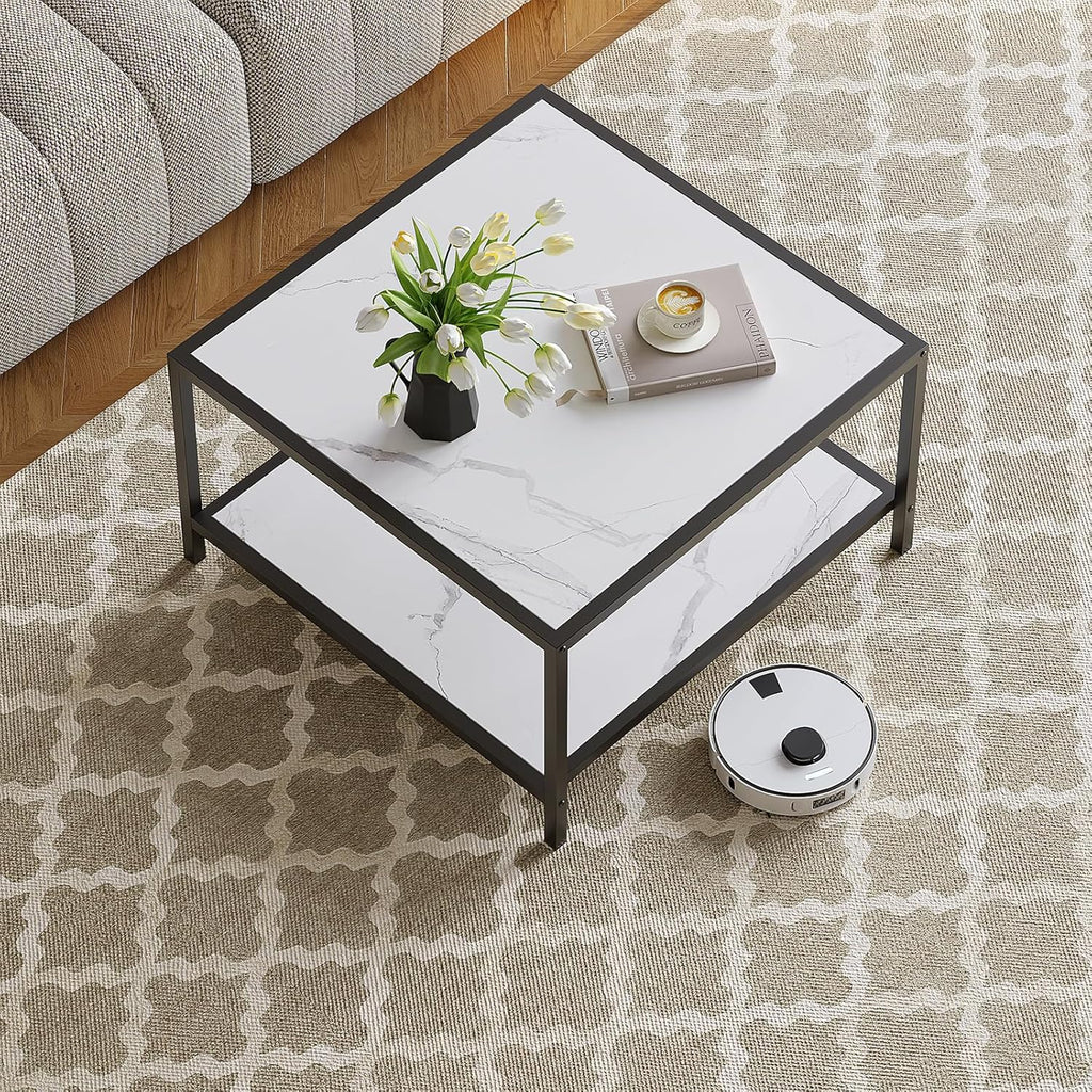 SAYGOER White Coffee Table with Storage 2 Tier Modern Suqare Coffee Tables for Living Room Small Faux Marble Center Table for Office Apartment Home, Easy Assembly