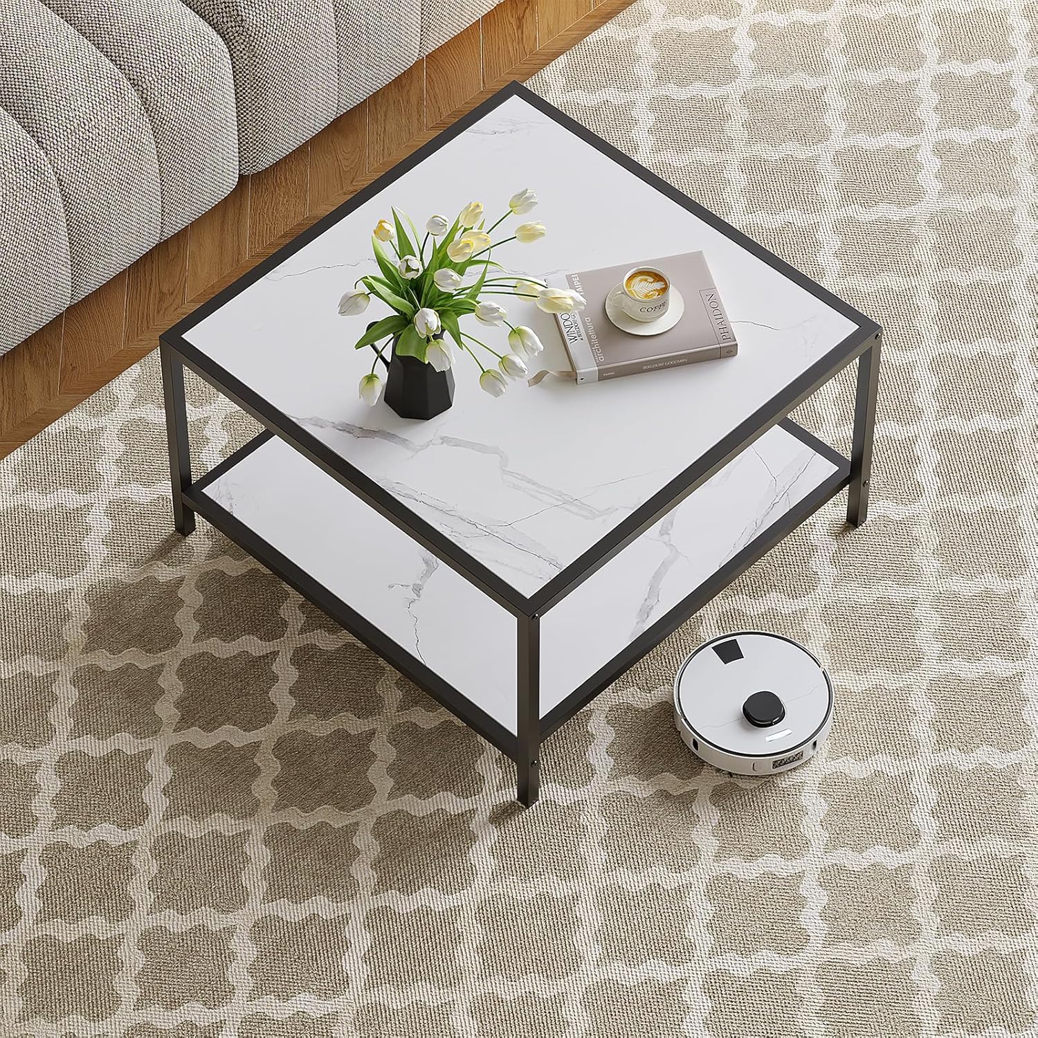 SAYGOER White Coffee Table with Storage 2 Tier Modern Suqare Coffee Tables for Living Room Small Faux Marble Center Table for Office Apartment Home, Easy Assembly