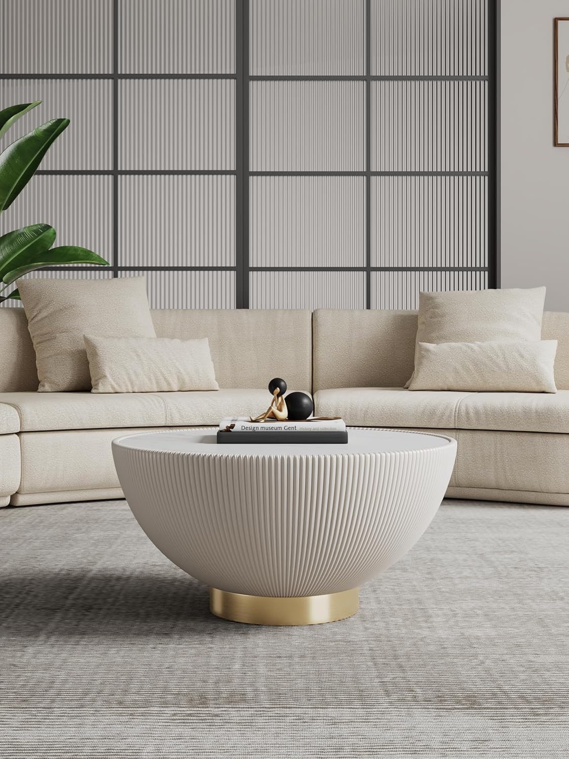 Manhattan Comfort Anderson Modern 28.15" Round Coffee Table 2.0 - Ceramic Marble Tabletop, Elegant Pleated Leatherette Details & Gold Base, Fully Assembled Accent Furniture, Set of 1, Cream