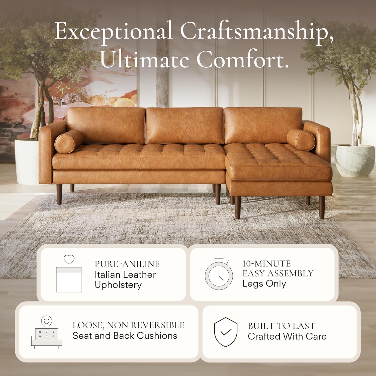 POLY & BARK Napa Leather Couch – Right-Facing Sectional Leather Sofa - Tufted Back Full Grain Leather Couch with Feather-Down Topper On Seating Surfaces – Pure-Aniline Italian Leather – Cognac Tan