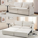 King & Queen Size Pull Out Sofa Bed – Convertible Sleeper Sofa Bed with Cup Holders, USB Ports, Side Pockets, Corduroy Loveseat Couch Chaise Lounge for Living Room, Apartment (Beige, 74")