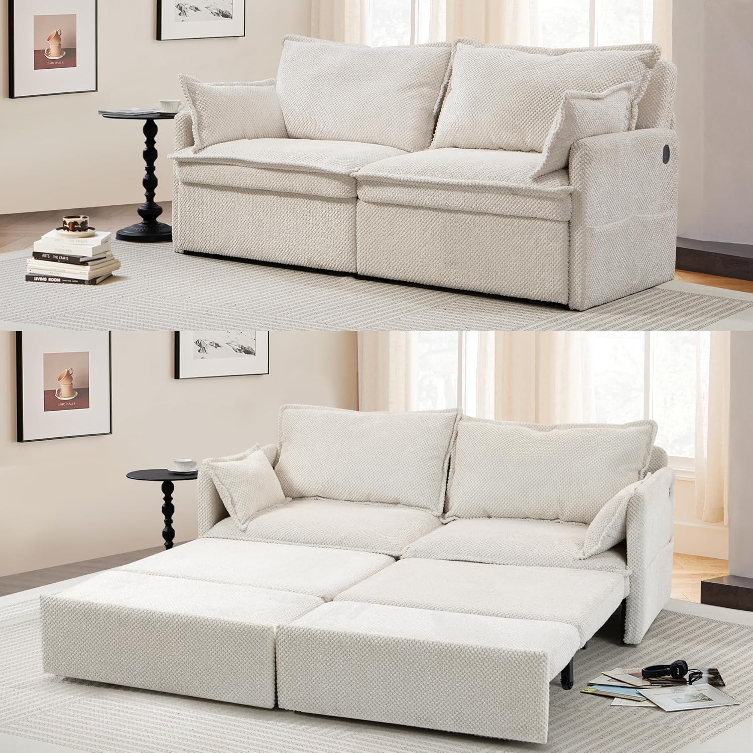 King & Queen Size Pull Out Sofa Bed – Convertible Sleeper Sofa Bed with Cup Holders, USB Ports, Side Pockets, Corduroy Loveseat Couch Chaise Lounge for Living Room, Apartment (Beige, 74")