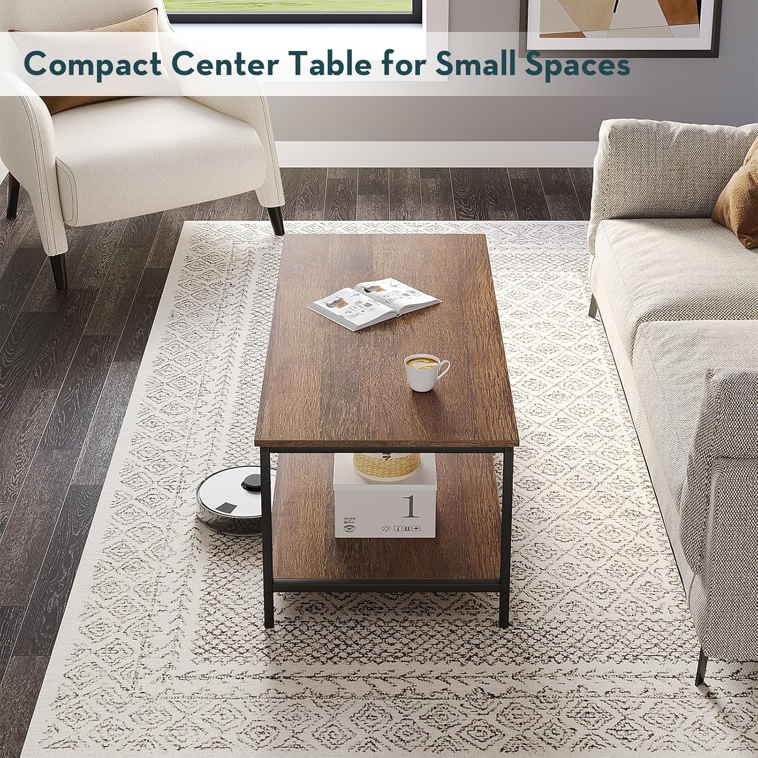 SAYGOER Coffee Table with Storage 2-Tier Industrial Center Table for Living Room, Rectangle Wood Table for Small Spaces Apartment Home Office, Walnut