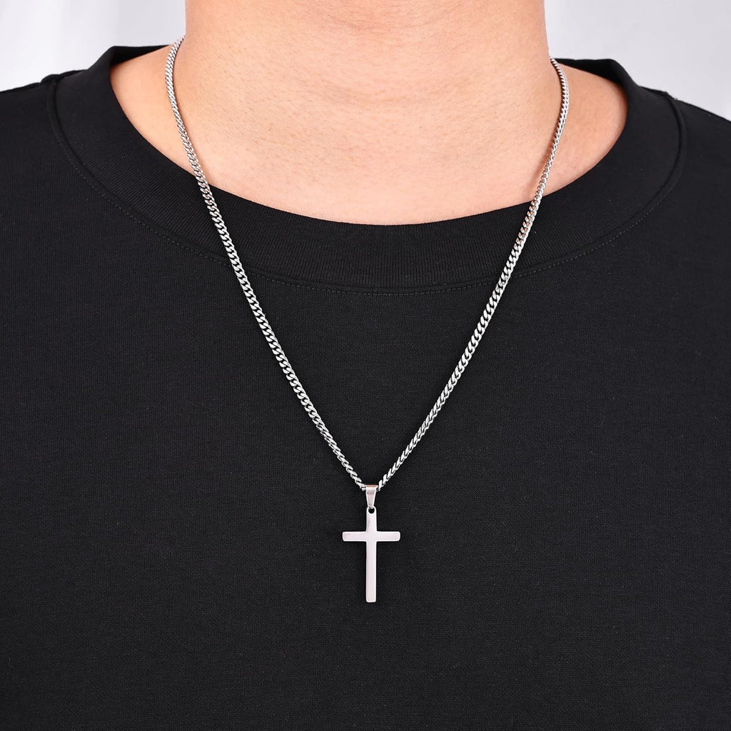 Fiusem Silver Tone Cross Necklace for Men, Mens Cross Necklaces with 3.5mm Chain and Stainless Steel Pendant, Cuban Chain 16-24 Inches