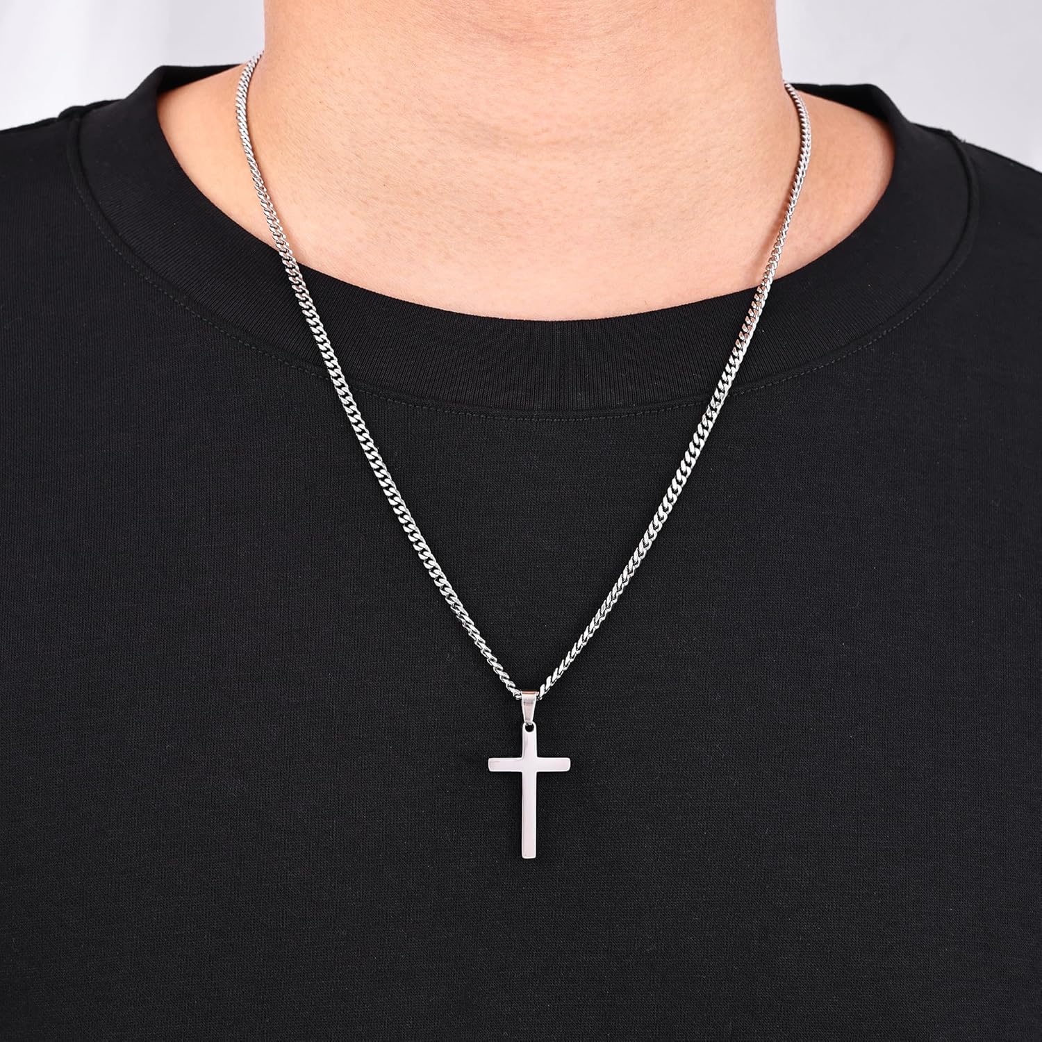 Fiusem Silver Tone Cross Necklace for Men, Mens Cross Necklaces with 3.5mm Chain and Stainless Steel Pendant, Cuban Chain 16-24 Inches