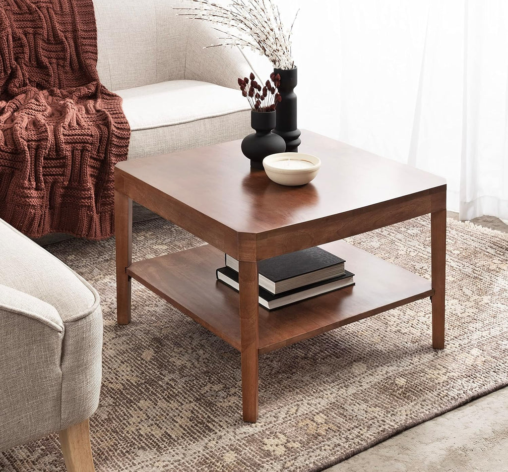 Kate and Laurel Talcott Modern Tiered Square Coffee Table; 26 x 26 x 18; Walnut Brown; Transitional Two-Tier Rectangular Living Room Table with Storage and Mango Wood Construction