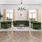 Tufted Velvet Sofa Couch for Living Room, Rolled Arm 3-Seater Sofa Couch with Nailhead Trim and 2 Neck Roll Pillows, Small Apartment Chesterfield Sofa Green