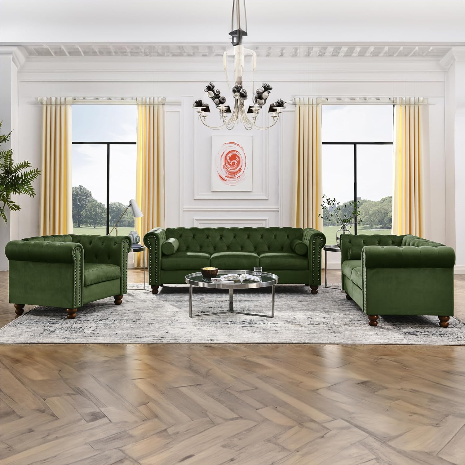 Tufted Velvet Sofa Couch for Living Room, Rolled Arm 3-Seater Sofa Couch with Nailhead Trim and 2 Neck Roll Pillows, Small Apartment Chesterfield Sofa Green