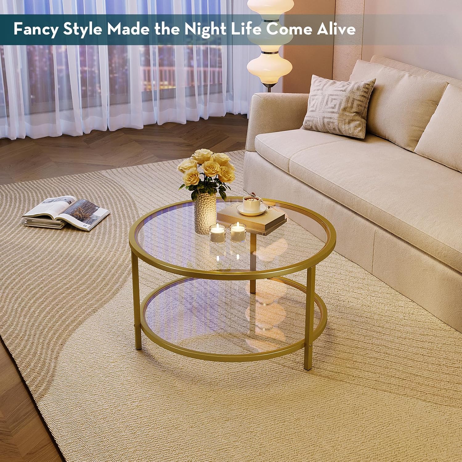 SAYGOER Round Glass Coffee Table 2 Tier Coffee Tables with Storage Shelf for Large or Small Space Modern Simple Center Table with Gold Frame for Living Room Home Office, Easy Assembly…