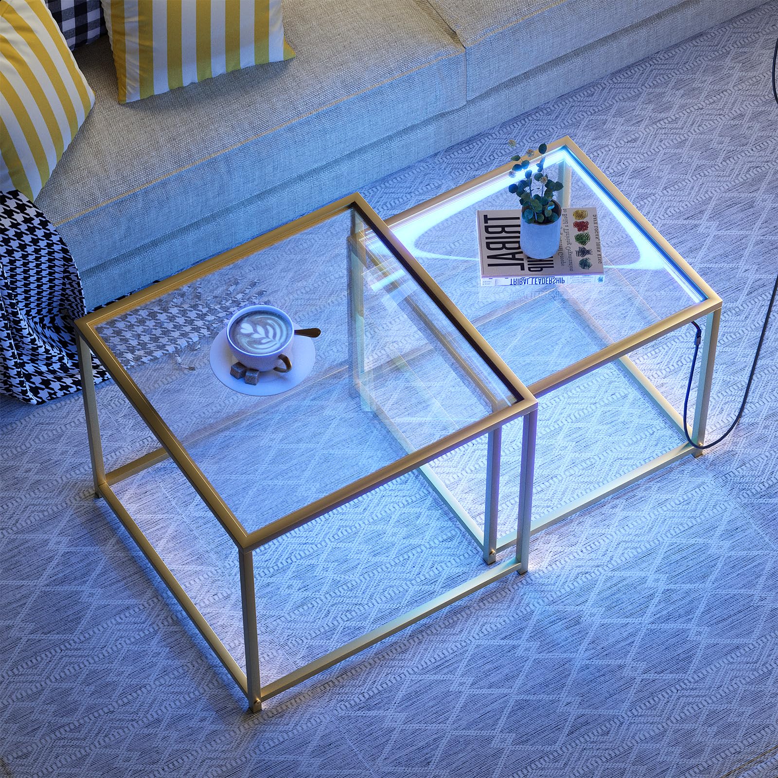 Coffee Table Set of 2,Gold Glass Nesting Coffee Side End Table,Square Modern Center Table for Living Room,Bedroom and Small Spaces,Tempered Glass-top with Sturdy Metal Frame, Easy Assembly