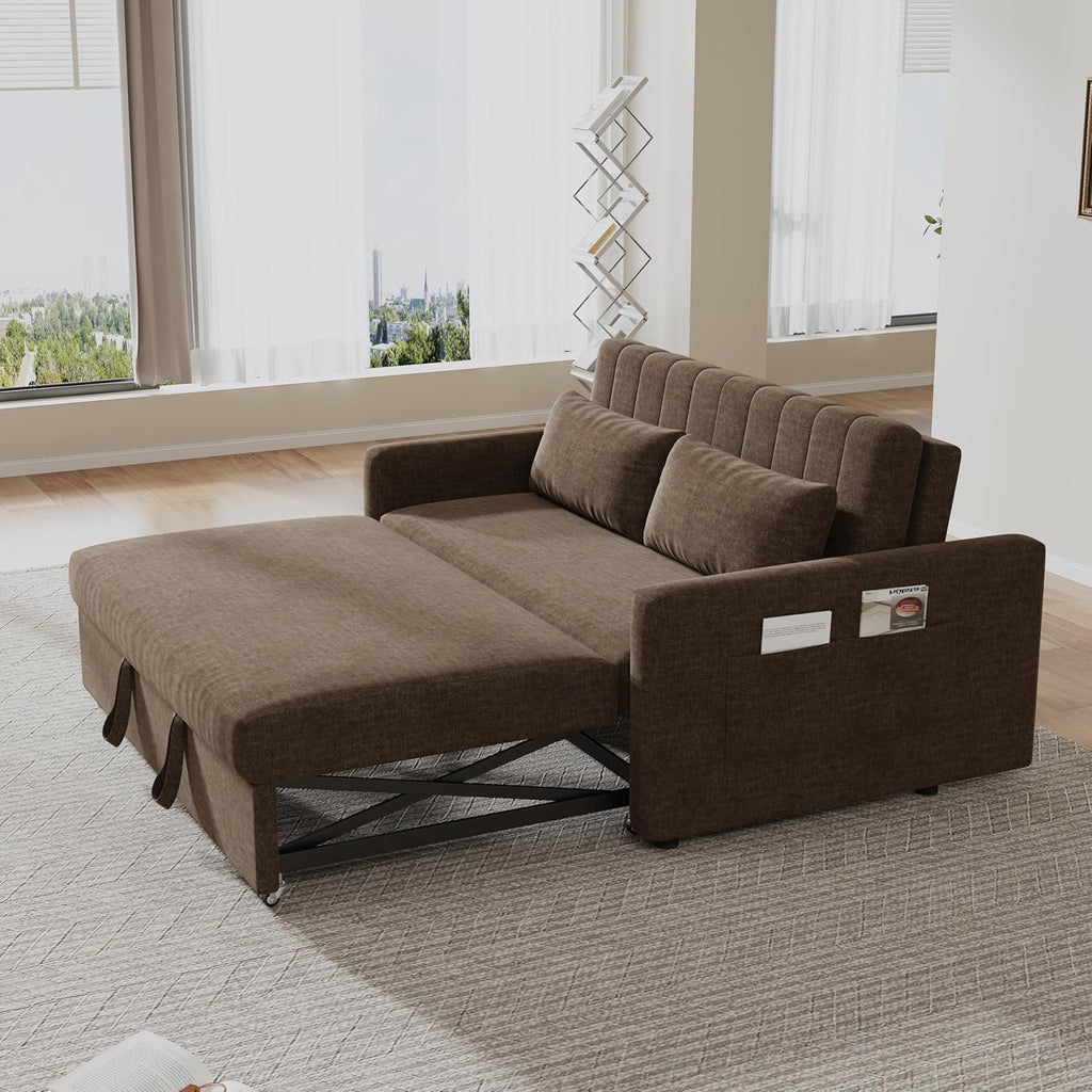 55'' Sofa Bed, Pull Out Sleeper Sofa Couch Bed, Loveseat Couch Bed, Futon Sofa Bed with Side Pocket, Convertible Sofa Bed for Living Room, Apartment, Bedroom, RV, Brown