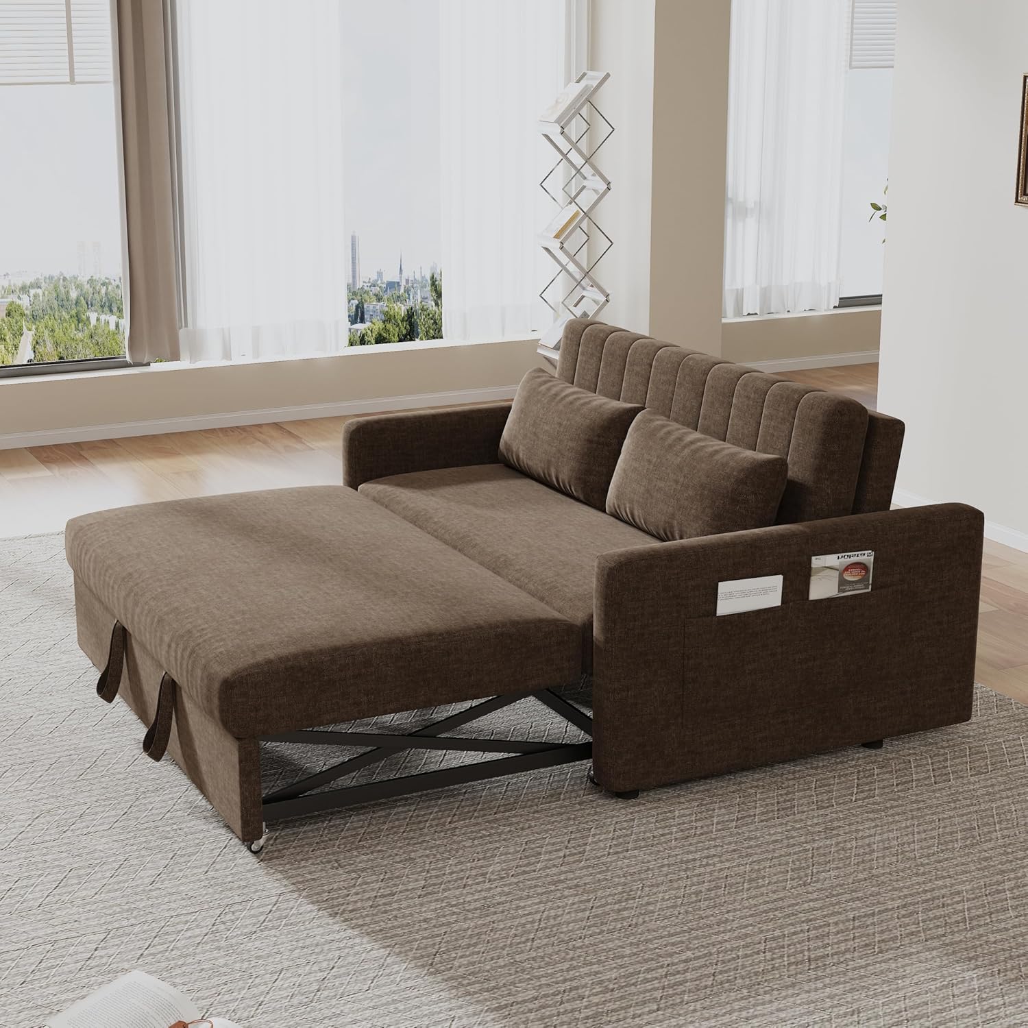 55'' Sofa Bed, Pull Out Sleeper Sofa Couch Bed, Loveseat Couch Bed, Futon Sofa Bed with Side Pocket, Convertible Sofa Bed for Living Room, Apartment, Bedroom, RV, Brown