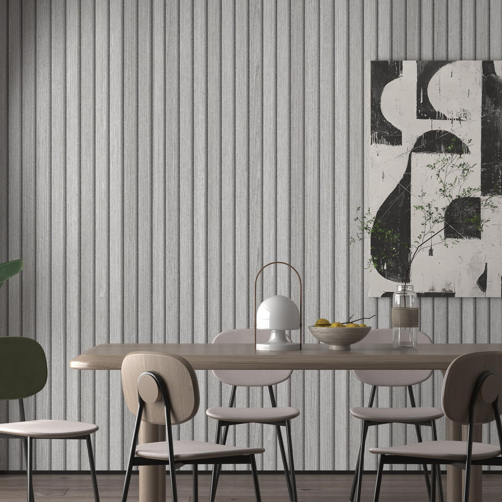 JSEVEM 16"×118" 3D Cream White Grey Slats Striped Wood Wallpaper Peel and Stick Waterproof Gray Slat Stripe Wood Contact Paper Vinyl Self Adhesive Wood Stickers for Walls Cabinets Kitchen Countertops