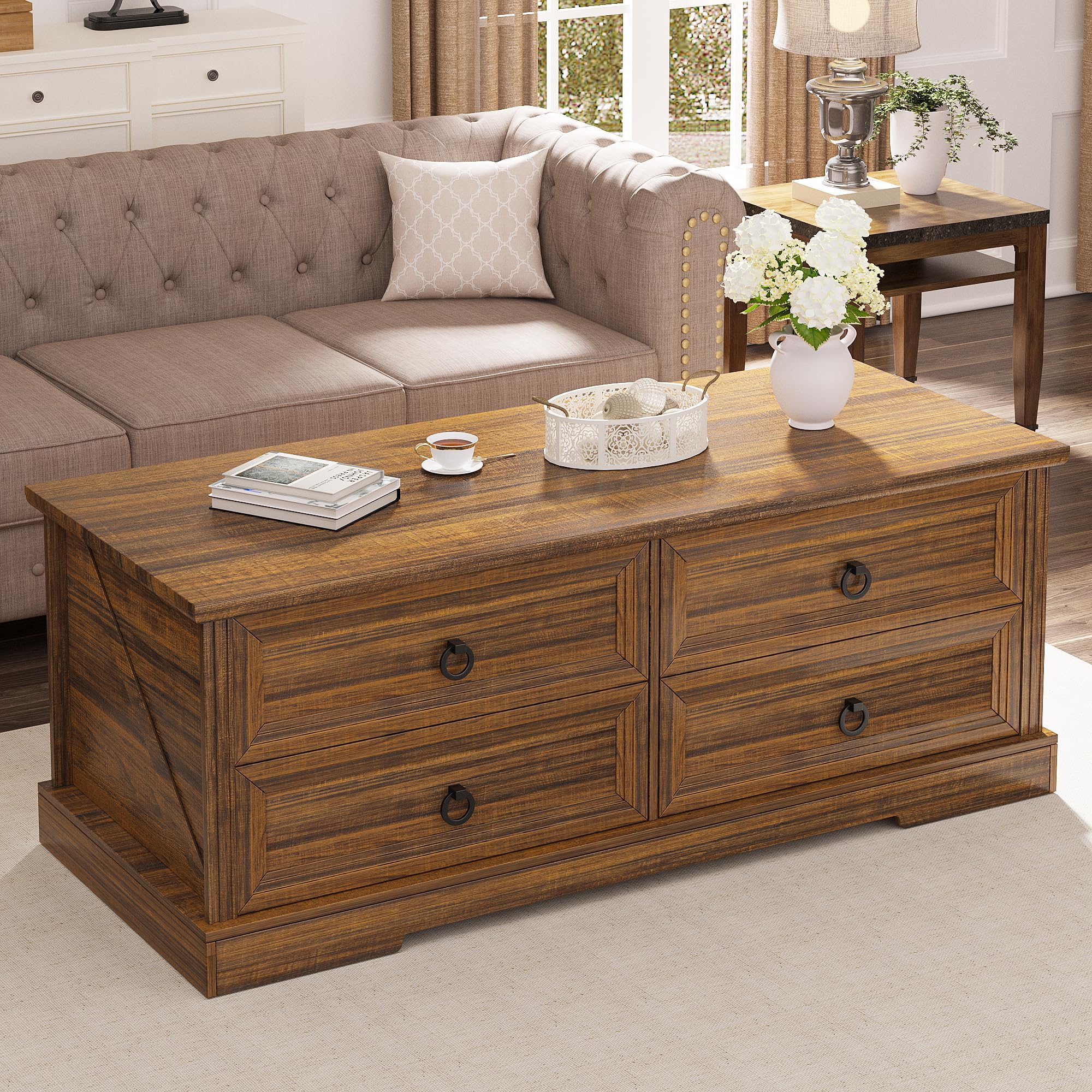 Coffee Table 31.5 in Rustic Center Table with X Design Wooden Pedestal for Living Room, Dark Oak Square Home Office Sofa Side Table for Small Space, Easy Assembly, Space-Saving