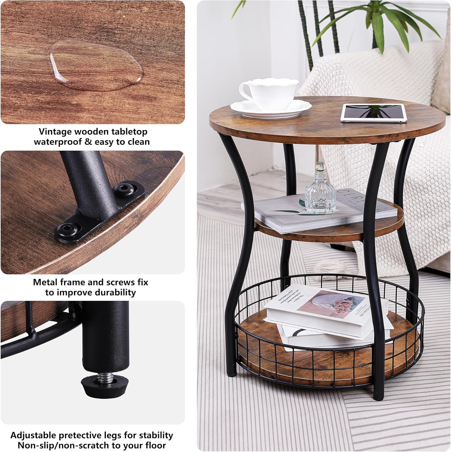 Round Side Table,3 Tier End Table with Storage Shelves for Living Room, Accent Sofa Couch Table for Small Spaces,Nightstand with Metal Frame for Bedroom, Rustic Brown - 19.7"