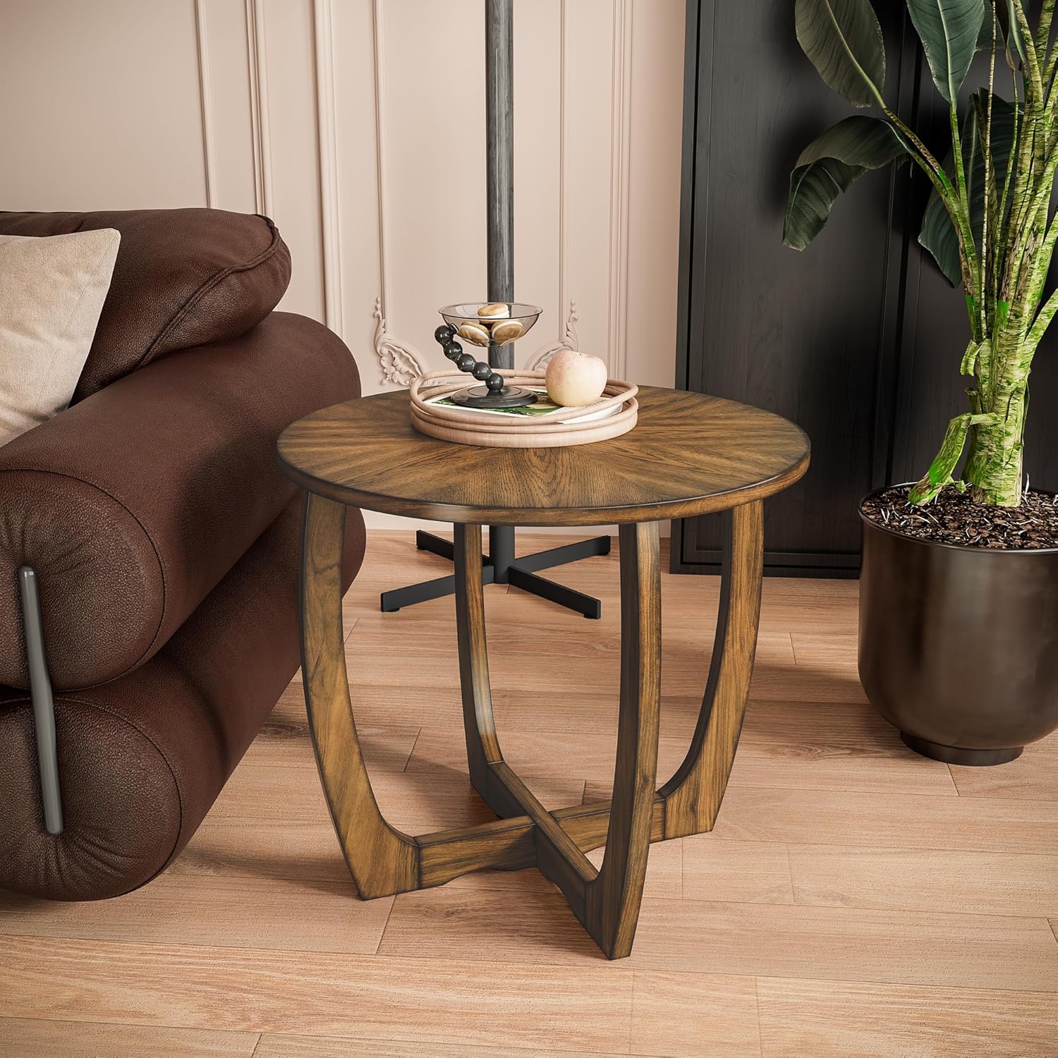Solid Wood Round End Table with Splicing Top, Farmhouse Sofa Side Table, Beside Corner Table, Large Telephone Table for Living Room, Bedroom, 23.6" Dia x 21.7"H , Easy Assembly, Rustic Brown CJZ3223