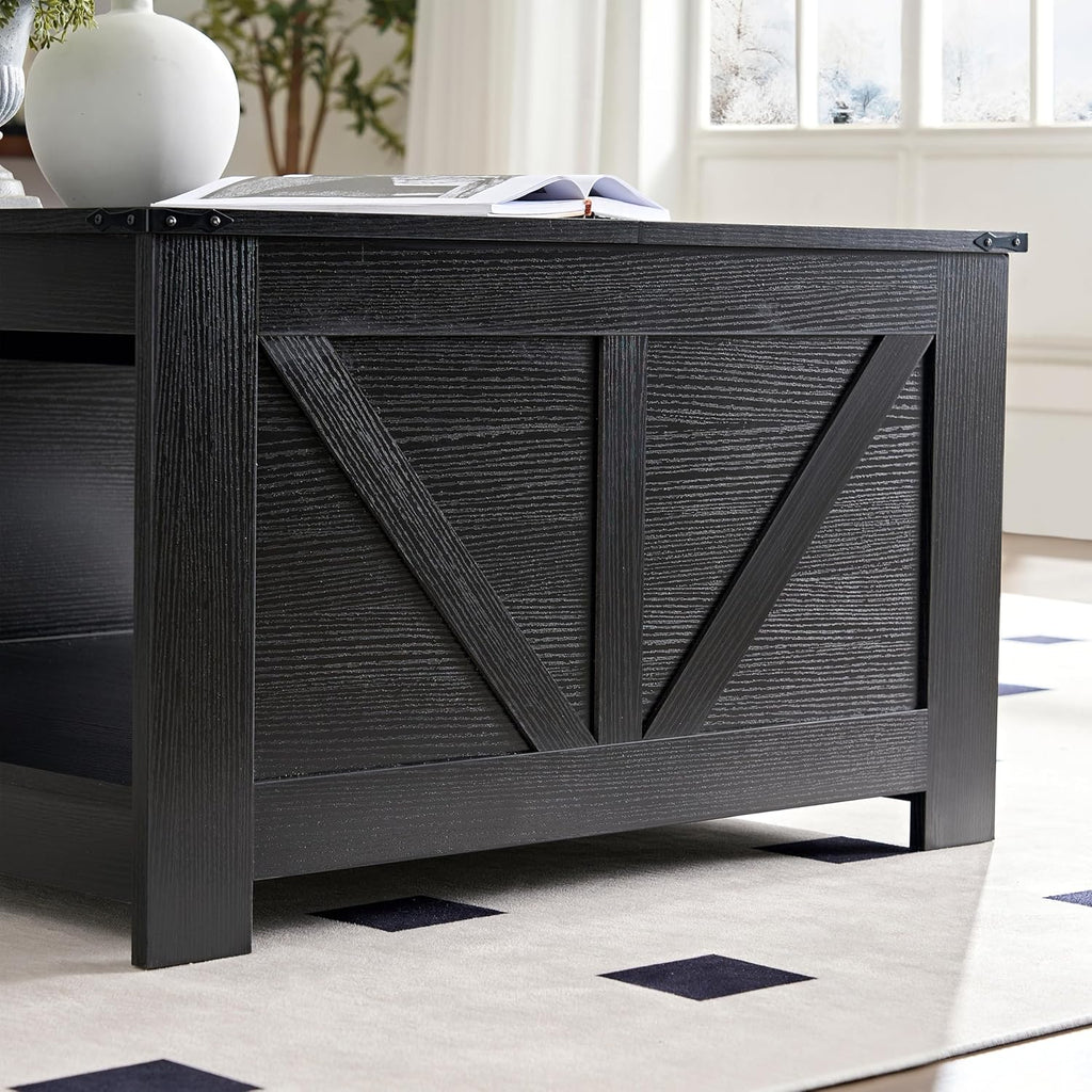 Farmhouse Coffee Table for Living Room, Wood Square Coffee Tables, 31.5" W x 31.5" D, Black