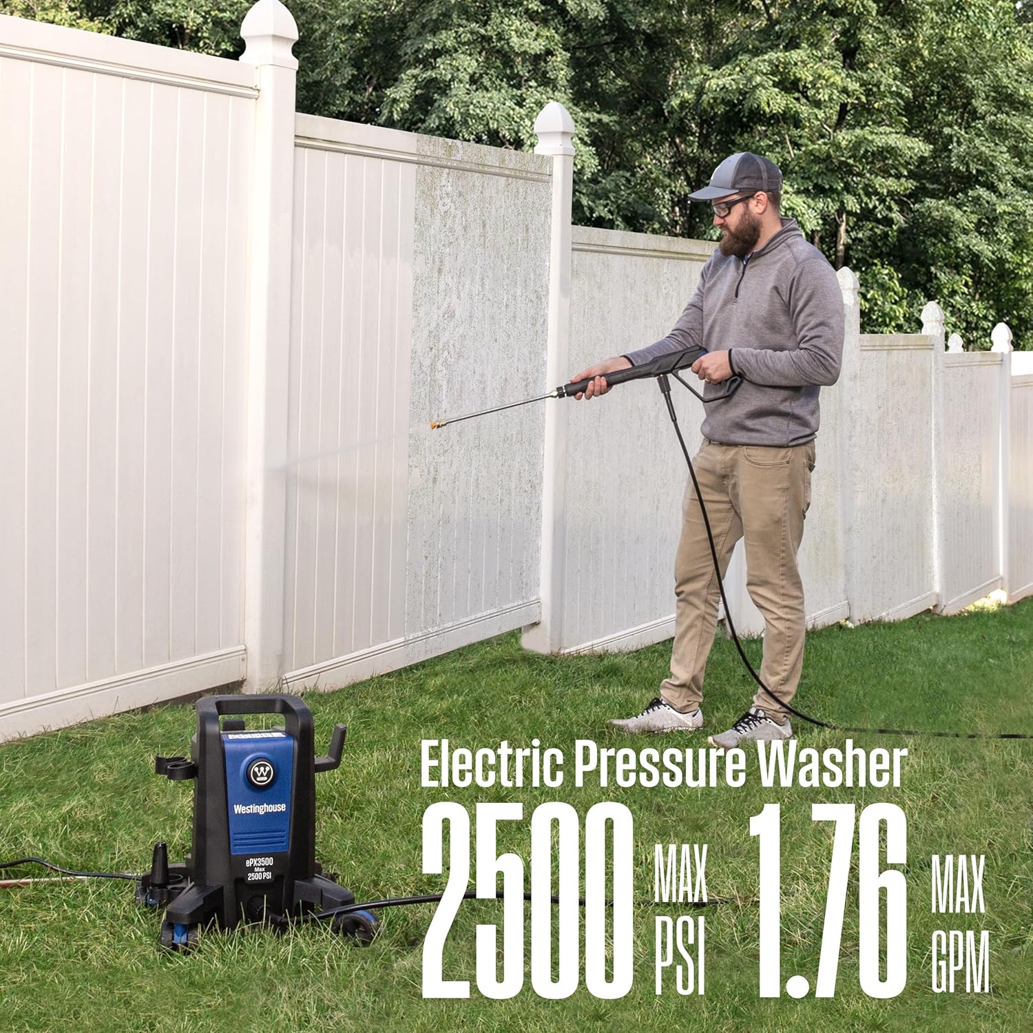 Westinghouse ePX3500 Electric Pressure Washer, 2500 Max PSI 1.76 Max GPM with Anti-Tipping Technology, Onboard Soap Tank, Pro-Style Steel Wand, 5-Nozzle Set, for Cars/Fences/Driveways/Home/Patios