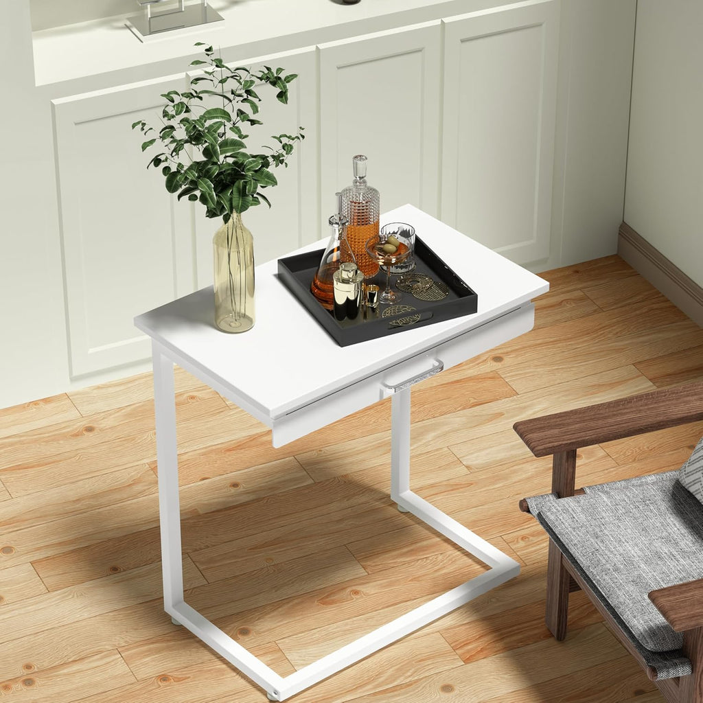 C Shaped End Table,Small Couch Side Table with Drawer,for Living Room, Bedroom Magazines, Computers, Coffee, Small Objects Storage.White