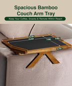 Acacia Couch Arm Tray/Mini Table – 2 in 1 Couch arm Table (15.3” x 9.8” x 4”), Adjustable Legs (up to 8.8”), 360° Rotating Phone Holder, Wire Holder, Non-Slip Mat – Couch Tray to Keep Snacks, Coffee