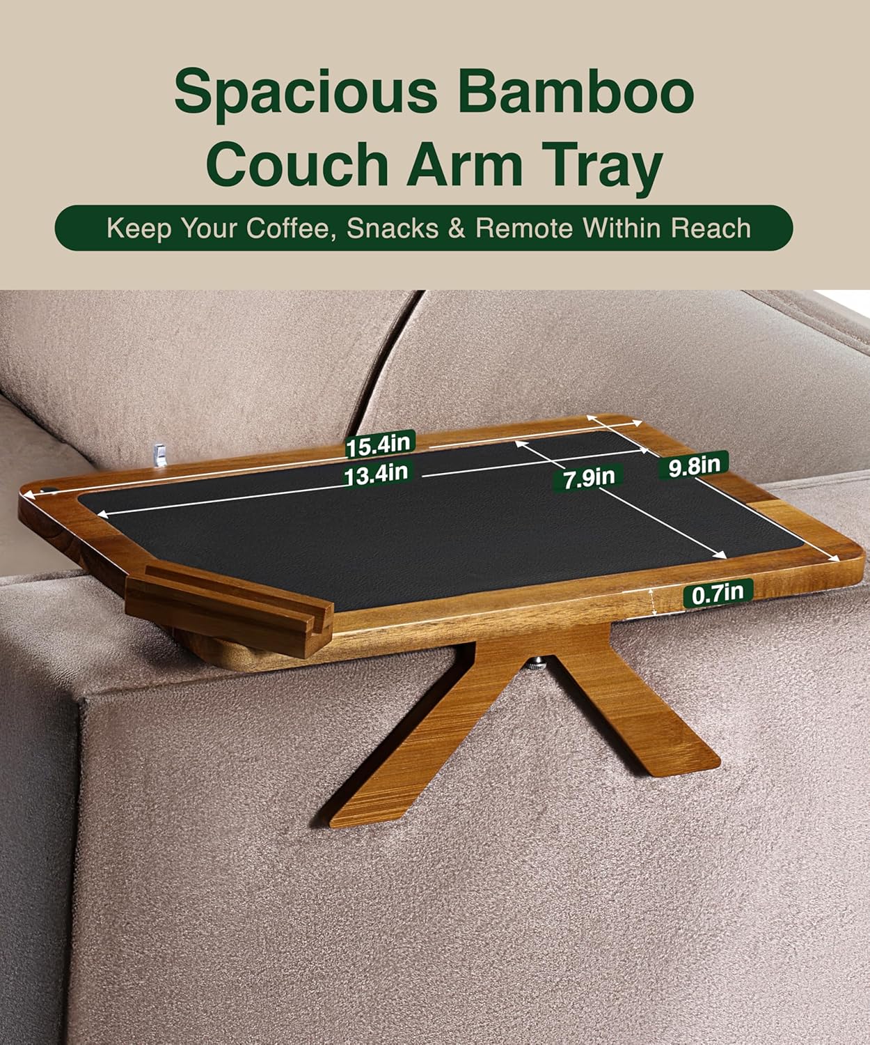Acacia Couch Arm Tray/Mini Table – 2 in 1 Couch arm Table (15.3” x 9.8” x 4”), Adjustable Legs (up to 8.8”), 360° Rotating Phone Holder, Wire Holder, Non-Slip Mat – Couch Tray to Keep Snacks, Coffee
