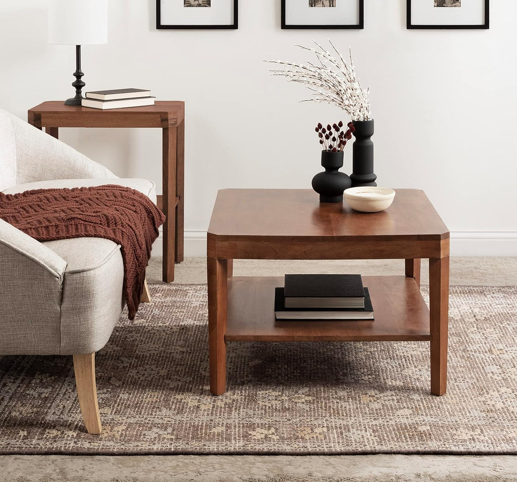 Kate and Laurel Talcott Modern Tiered Square Coffee Table; 26 x 26 x 18; Walnut Brown; Transitional Two-Tier Rectangular Living Room Table with Storage and Mango Wood Construction
