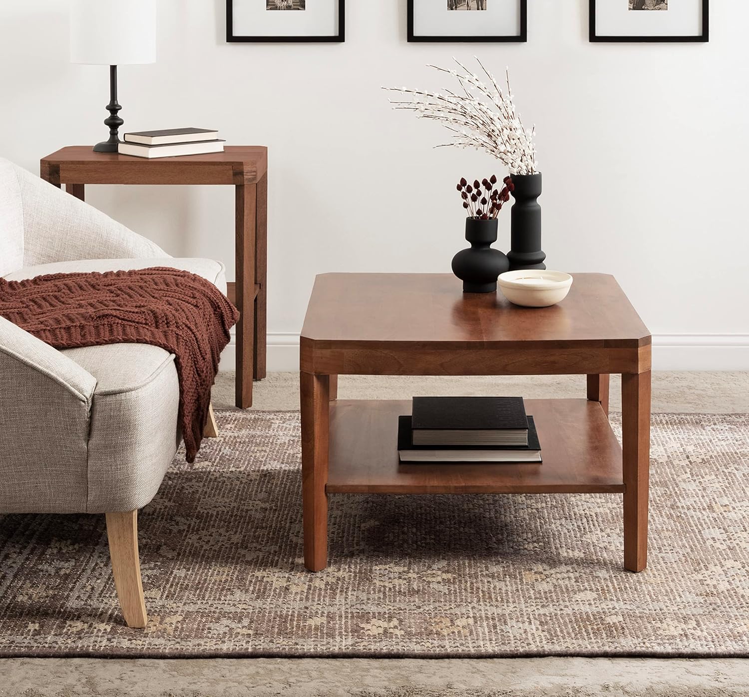 Kate and Laurel Talcott Modern Tiered Square Coffee Table; 26 x 26 x 18; Walnut Brown; Transitional Two-Tier Rectangular Living Room Table with Storage and Mango Wood Construction