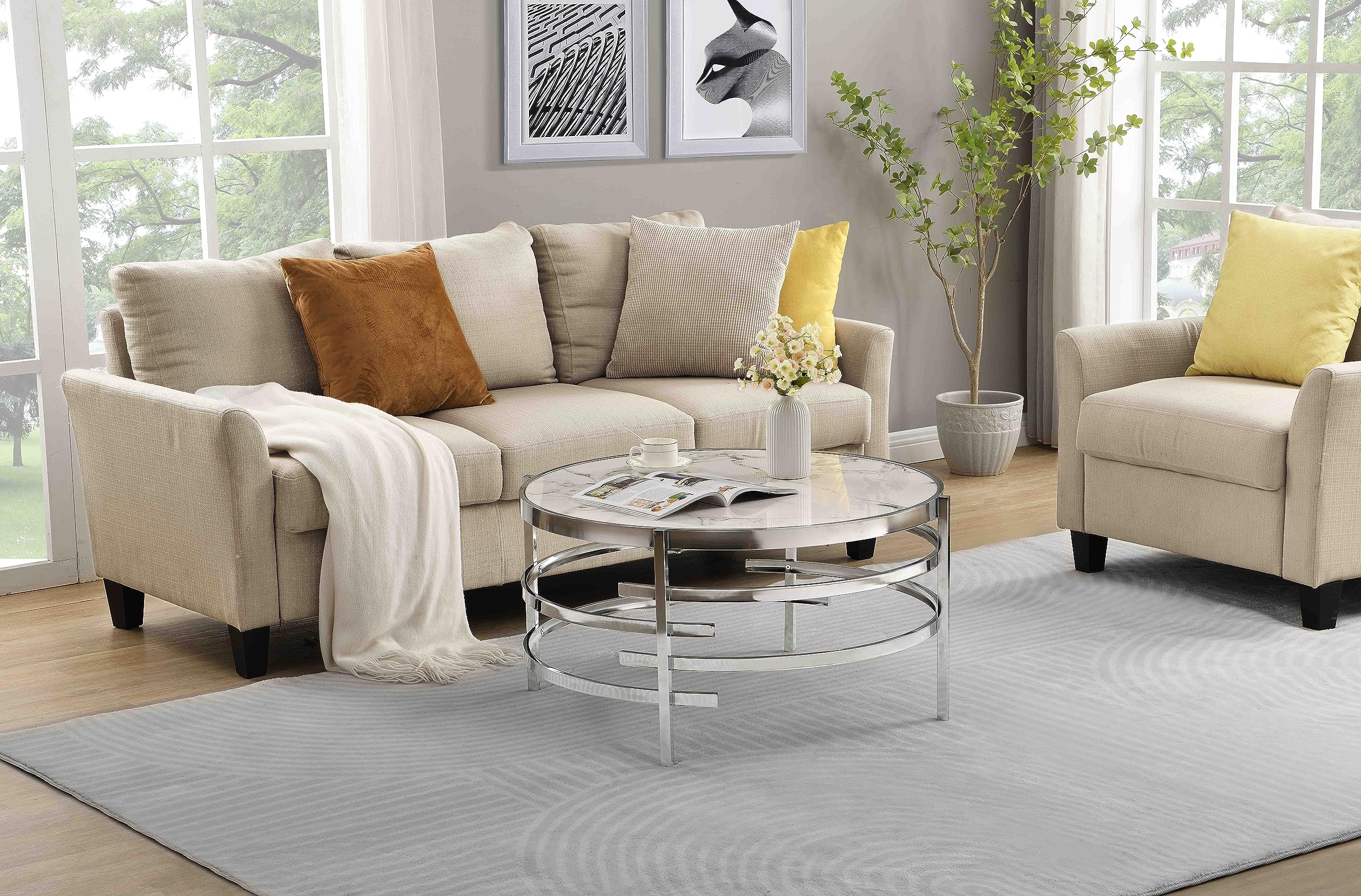 Tempered Glass Round Coffee Table, 32.3" Modern Acrylic Legs Circle Coffee Table for Living Room