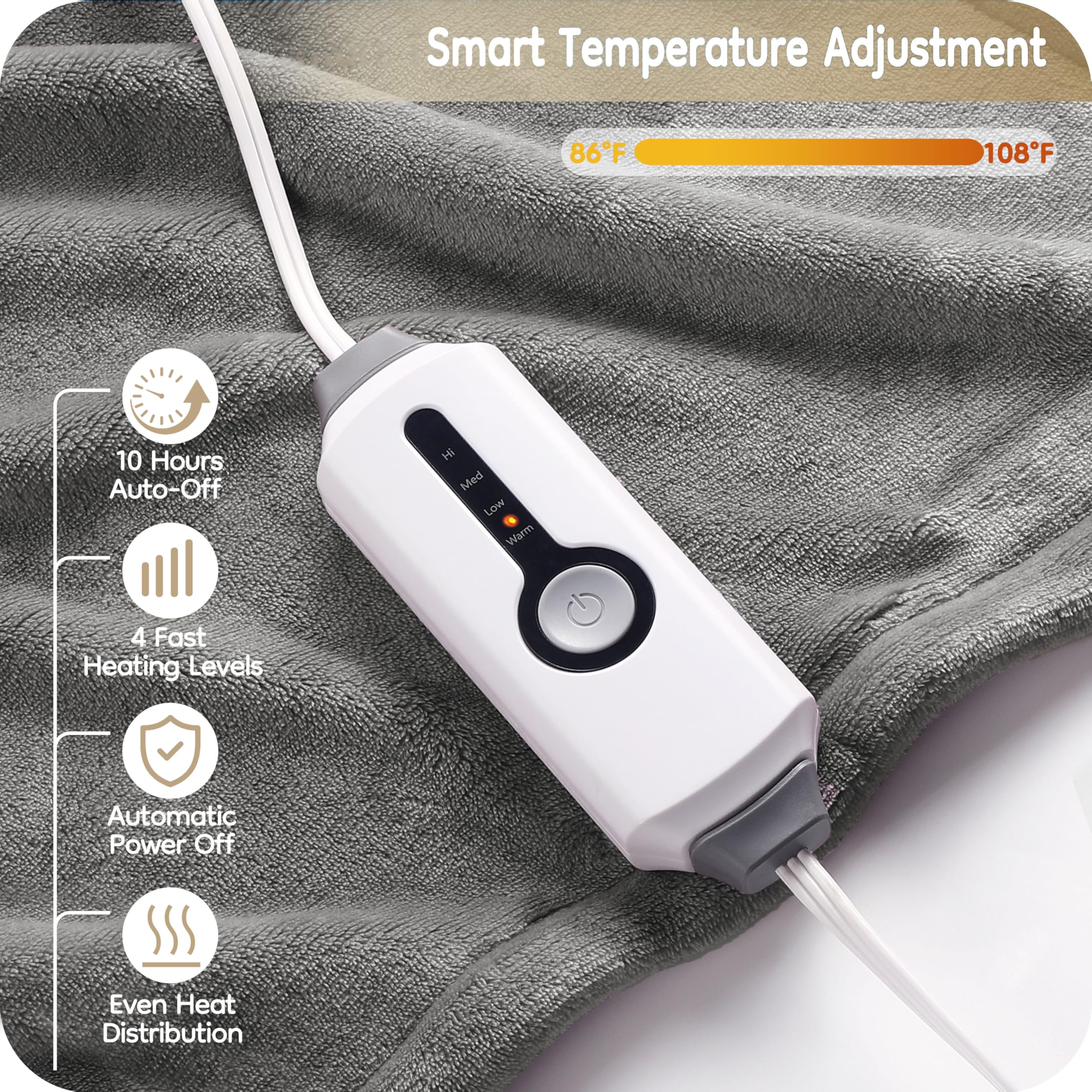 Elektrisch verwarmd deken 72" x 84" volledige maat flanellen stof met 4 verwarmingsniveaus & 10 uur automatische uitschakeling, ademend warm en wasbaar voor zacht en bed - lichtgrijs