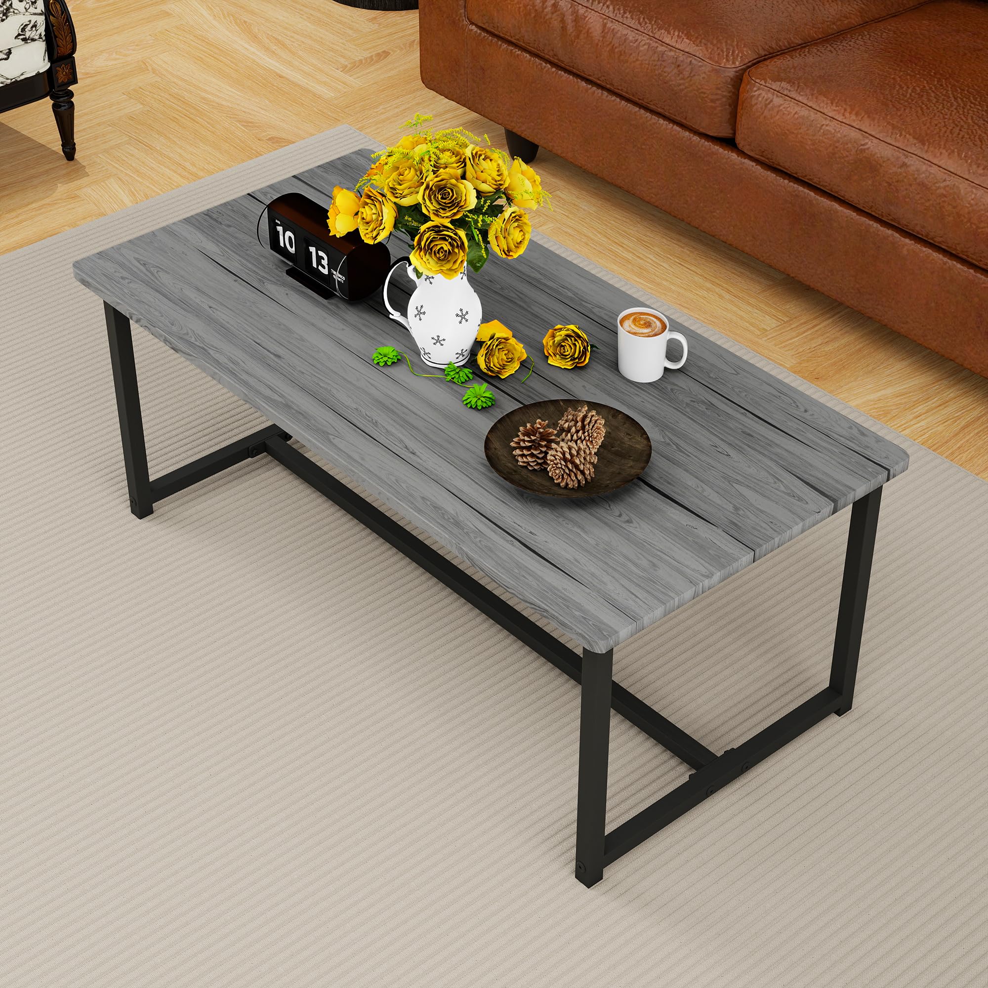 35.4" Rectangular Coffee Table for Living Room, Modern Industrial Style Coffee Table Center Table with Metal Frame for Small Space, Apartment, Office, Easy Assembly, Black