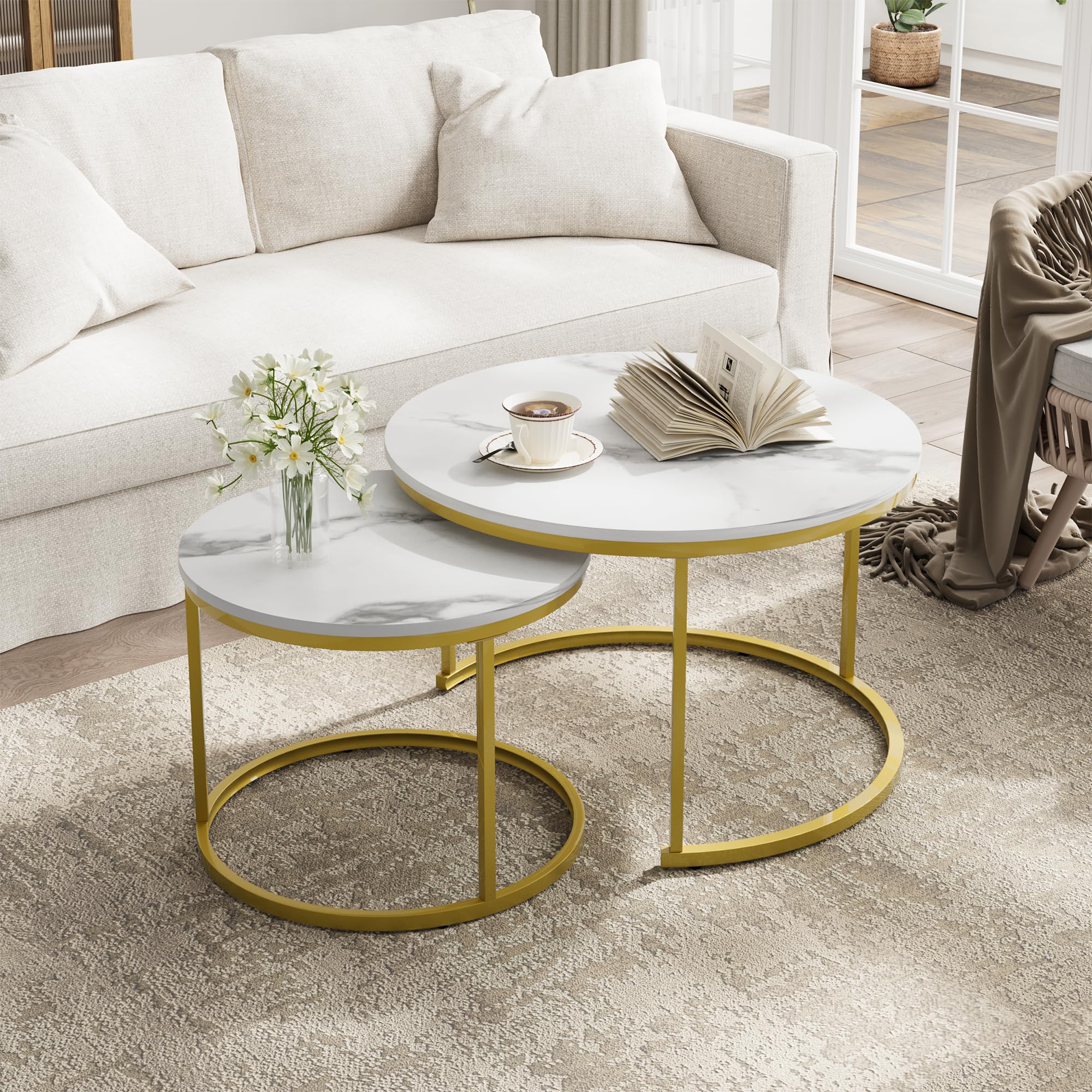 Smuxee Nesting Coffee Table Set of 2, 23.6" Round Coffee Table Wood Grain Top with Adjustable Non-Slip Feet, Industrial End Table Side Tables for Living Room Bedroom Balcony Yard