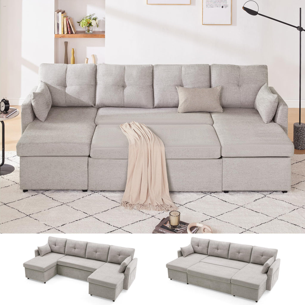 Oversized Sleeper Sofa Couch, 110 inch 2 in 1 Pullout Couch Bed with Double Storage Chaise, Sectional Sleeper Sofa Bed with Side Pocket for Living Room, Dark Grey
