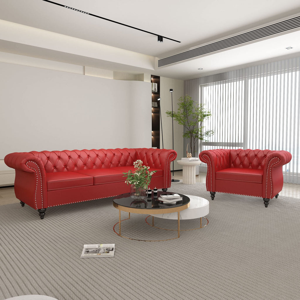 QHITTY 3 Piece Living Room Set, Sectional Chesterfield Sofa Chair Contemporary Upholstered Leather Loveseat Couch Sets for Living Room, Bedroom, Office