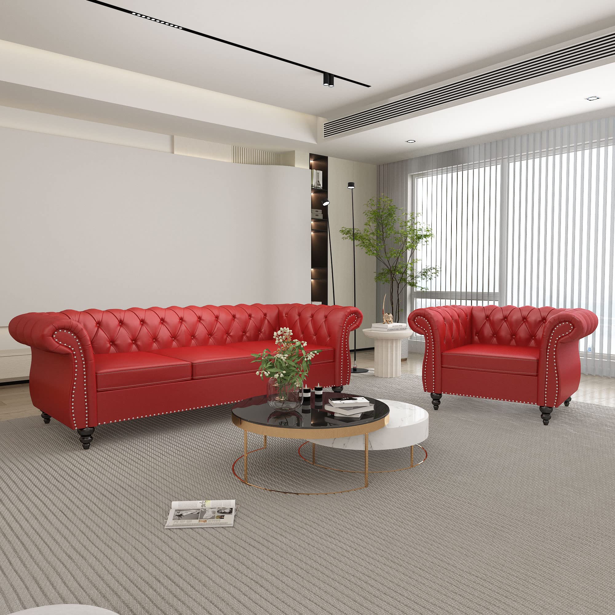 2 Piece Living Room Set, Chesterfield Leather Sofa Couch Chair with Scroll Arms and Nailhead for Living Room, Office (Dark Brown)