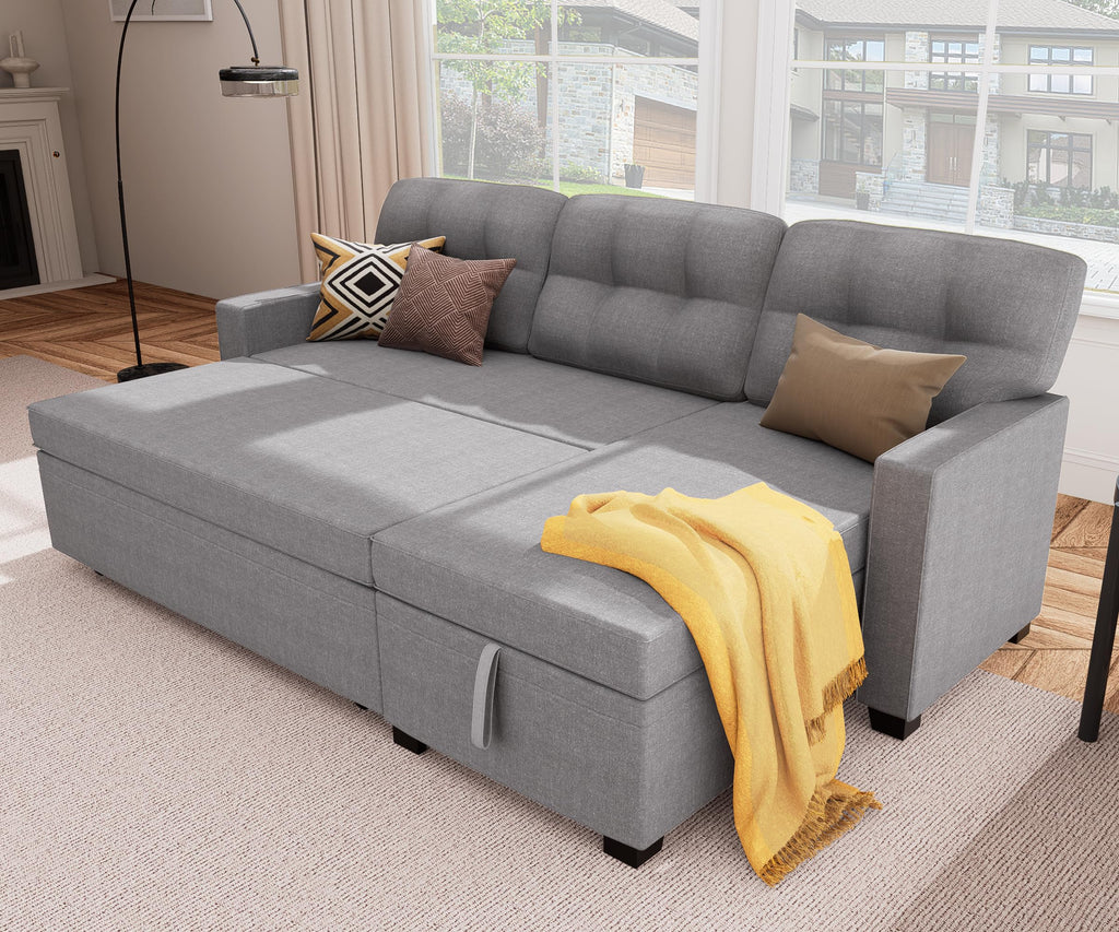 Reversible Sectional Sofa Couch, Sleeper Sofa Bed with Storage Chaise Pull Out Couch for Living Room | Hidden Stroge | Pull Out Bed | Removable Backrest | Linen Fabric, DeepGrey