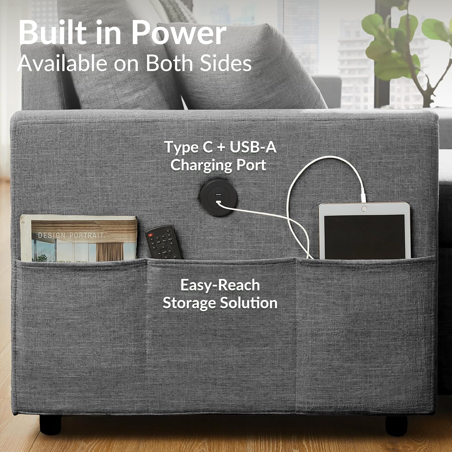 L Shaped Convertible Sleeper Sofa Bed, 84" Sectional Couch for Living Room - Pull Out Bed, Reversible Chaise with Storage, Dual USB-C Charging, Removable & Washable Dark Grey Linen Covers