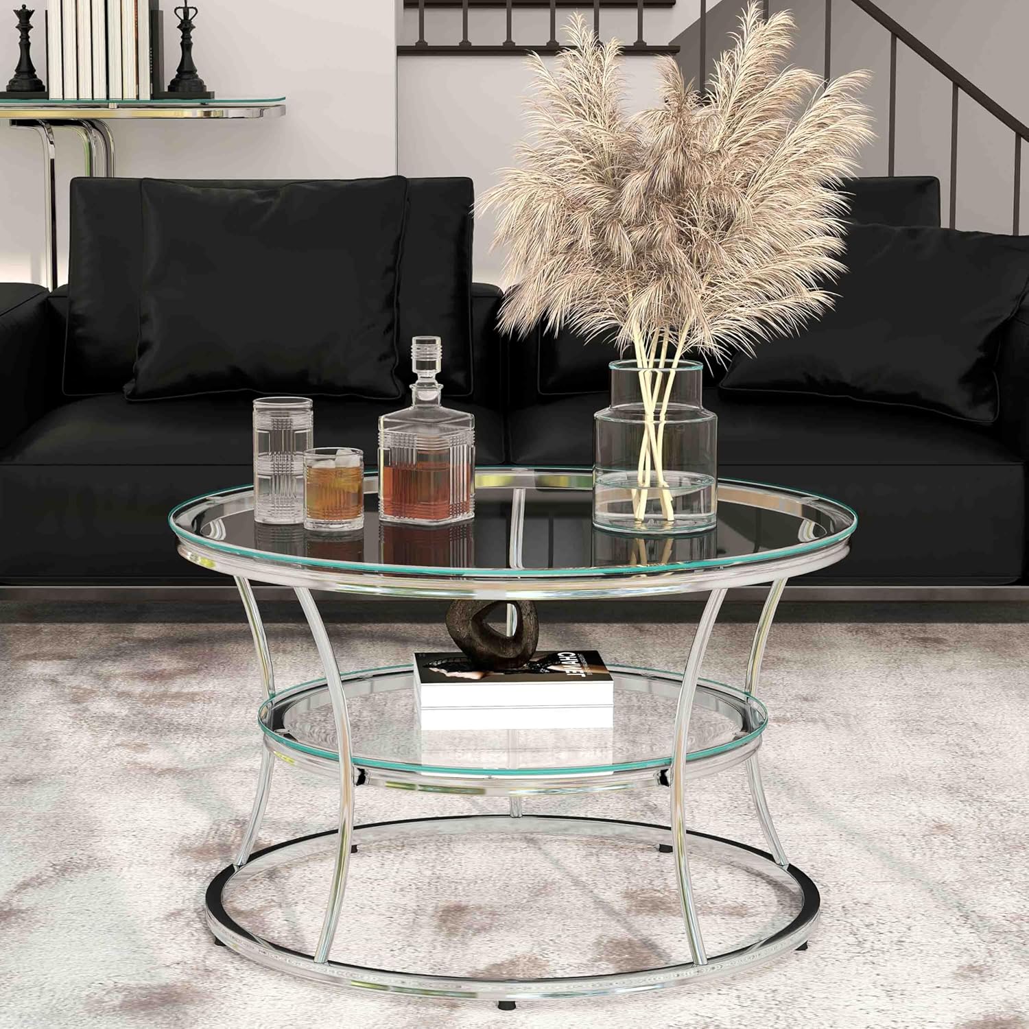 O&K FURNITURE Glass Coffee Table, 2-Tier Modern Living Room Table with Shelf, Tempered Glass & Chrome Frame, Silver Center Table for Living Room & Office, Chrome Finish, 1 PC