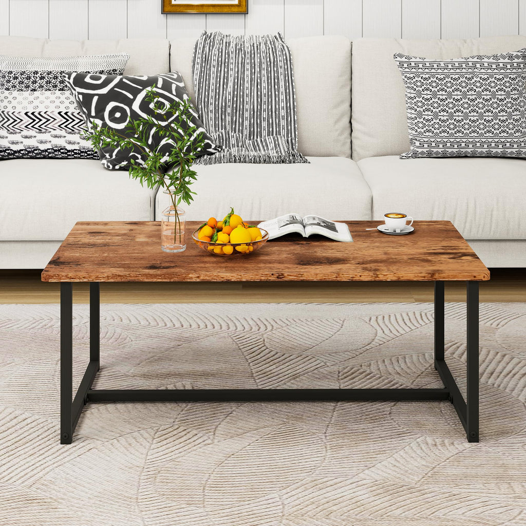 Black Coffee Table Rectangular Center Table for Living Room Open Space Side Table with Metal Frame, Easy Assembly,Wood Coffee Table