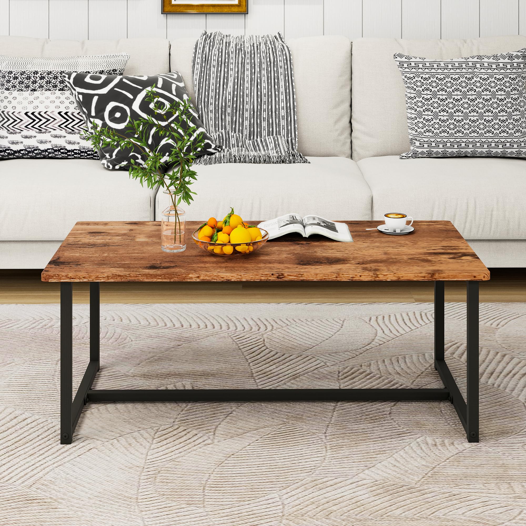 Black Coffee Table Rectangular Center Table for Living Room Open Space Side Table with Metal Frame, Easy Assembly,Wood Coffee Table