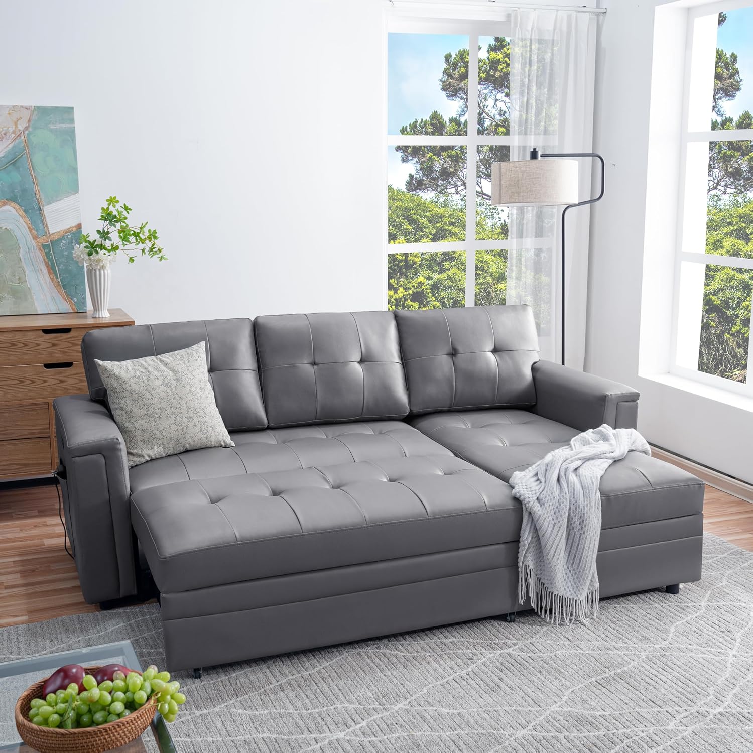 Naomi Home Lily Sectional Sleeper Sofa with USB Ports-L-Shaped Couch Convertible Pull-Out Bed, Ample Storage, Timeless Design, Sturdy Construction, Long-Lasting for Modern Living, Gray, Air Leather