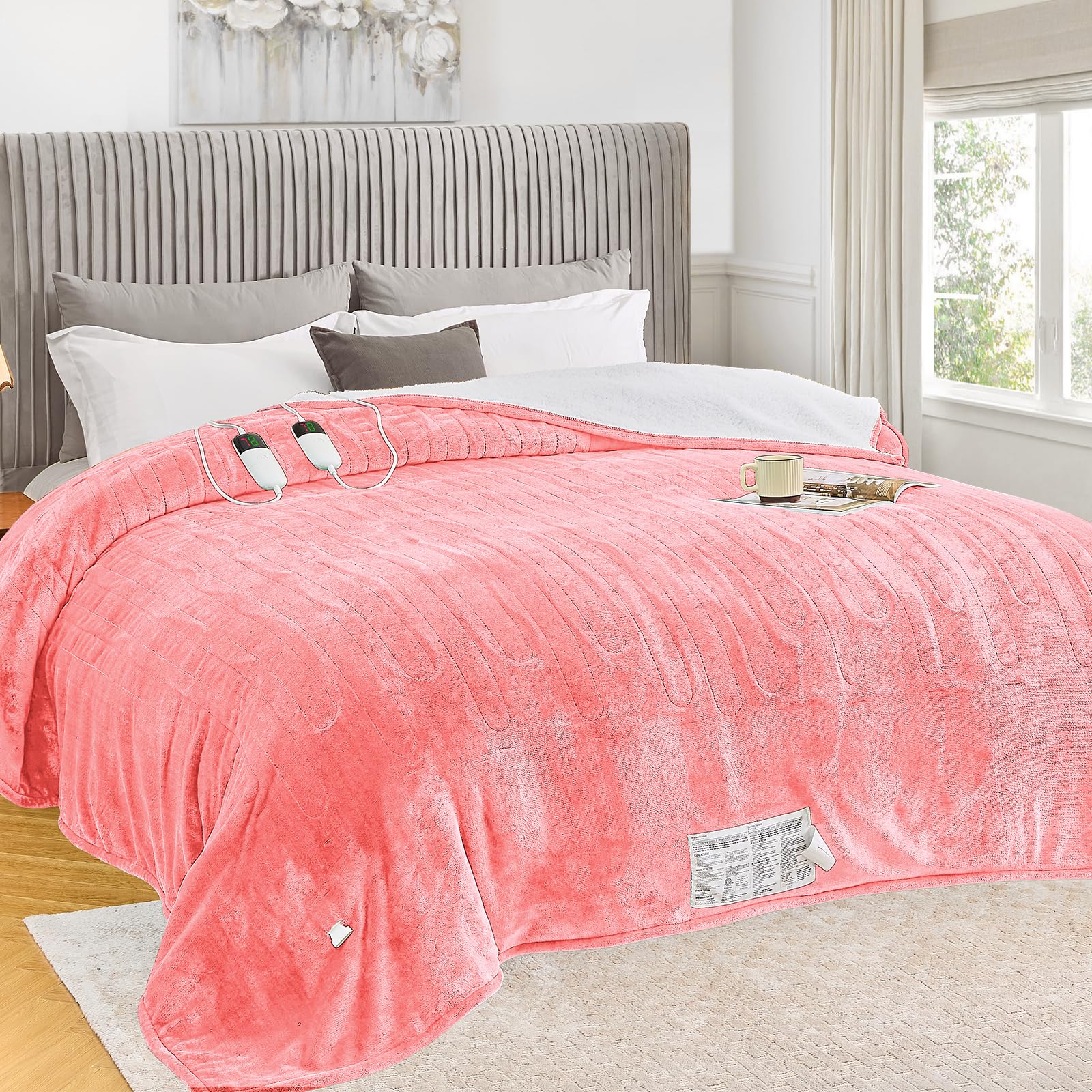 greenoak Heated Blanket Electric Throw 50"X60", Heating Blanket with 10 Heat Levels 1/2/4/6/8 Hours Auto-Off Overheat Protection, Flannel Sherpa Soft Warm Heater, ETL Certified Coral Pink