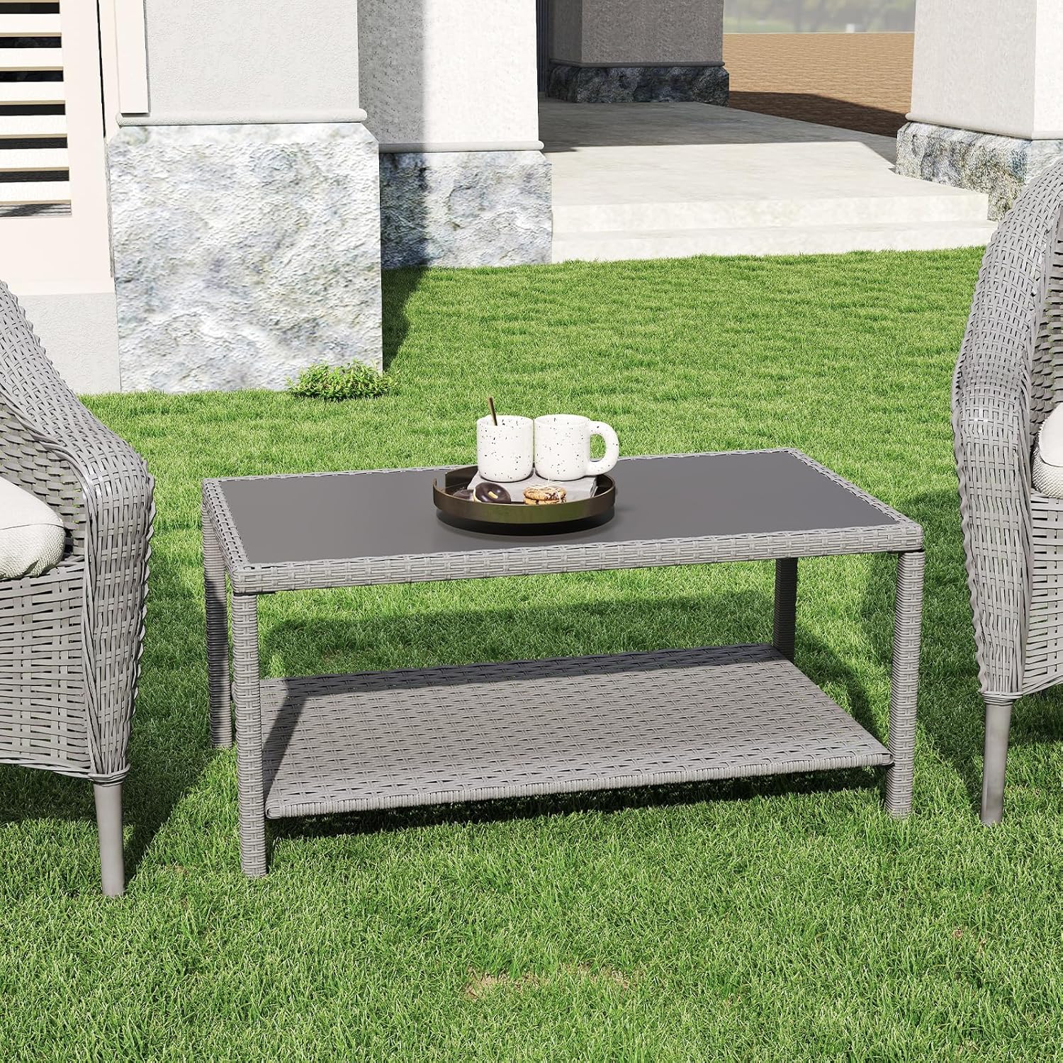 C-Hopetree Small Outdoor Coffee Side End Table for Outside Patio Storage, Gray All Weather Wicker with Glass Top, Rectangle