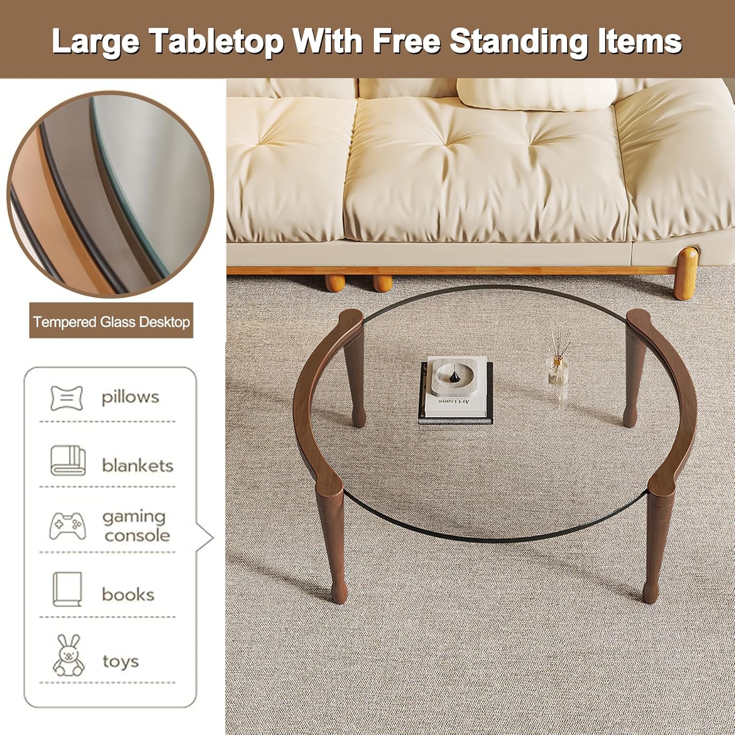 31.5" Round Glass Mid Century Modern Coffee Table with Wood Legs-Circle Tempered Glass Top Center Table, Unique Contemporary Center Table for Small Space