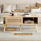 Wood Coffee Table with Storage, Boho Dining Table with Sliding Rattan Door Panel and Solid Wood Legs, Small Coffee Tables for Living Room, Oak (Oak_LSJ008)