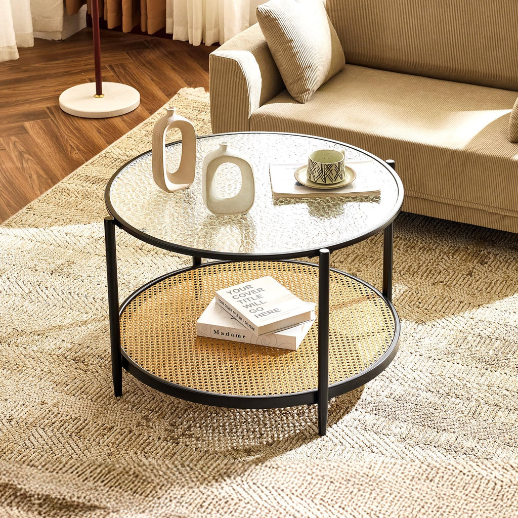 VINGLI 25.6" Round Gold Coffee Tables for Living Room, 2-Tier Glass Top Coffee Table with Storage Clear Coffee, Simple & Modern Center Table for Small Space