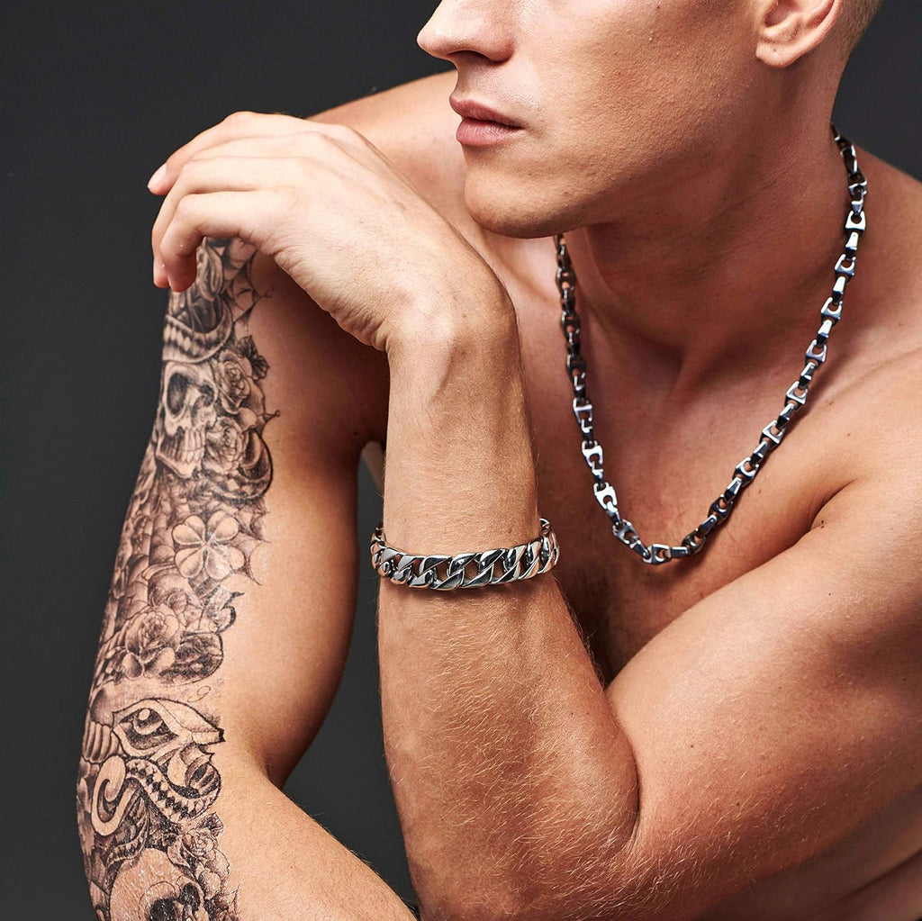 Urban Jewelry Stunning Solid Tungsten Link Bracelet for Men Polished Link, Puzzle, Ceramic Style (Silver, Black, 18K Gold Plated Option)