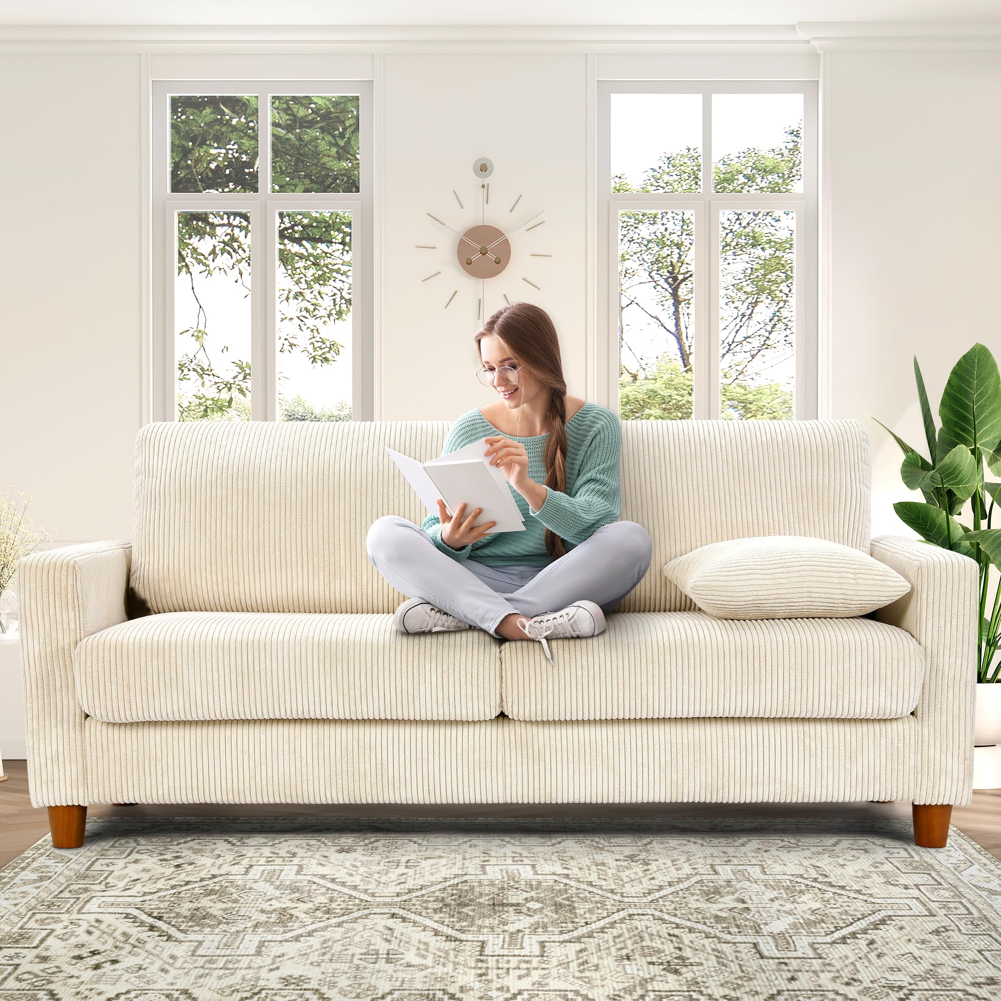 Kidirect 87in Green Sofa, Couches for Living Room 21in Extra Deep Seats, Comfy Corduroy Sofas for Living Room No Tool Assembly, Modern Oversized Love Seat with 2 Pillows, Sofa Couch for Bedroom